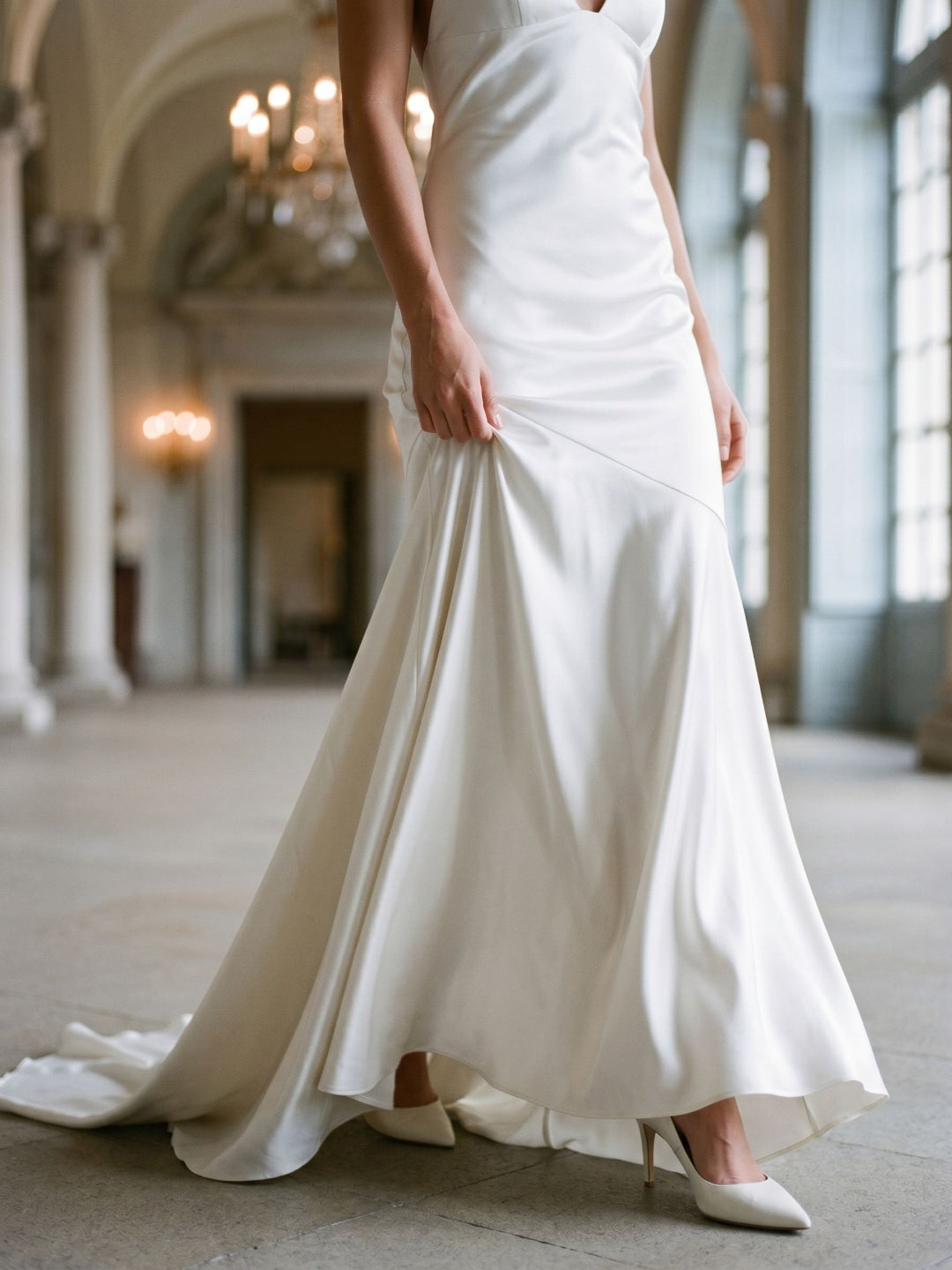 Ivory Matte Satin Sheath V-Neck Corset Back Floor-Length Formal Dress with Pleating