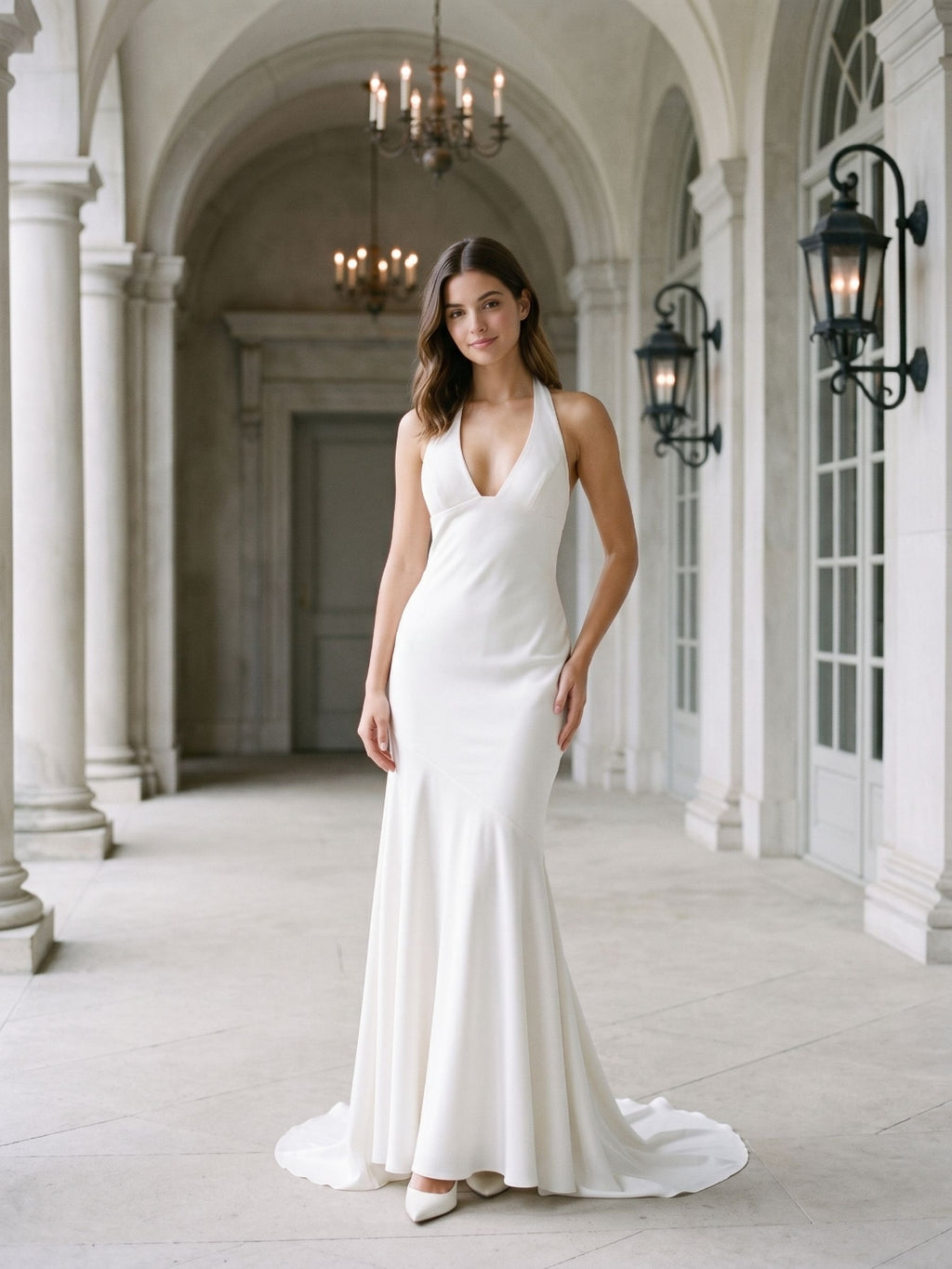 Ivory Matte Satin Sheath V-Neck Corset Back Floor-Length Formal Dress with Pleating