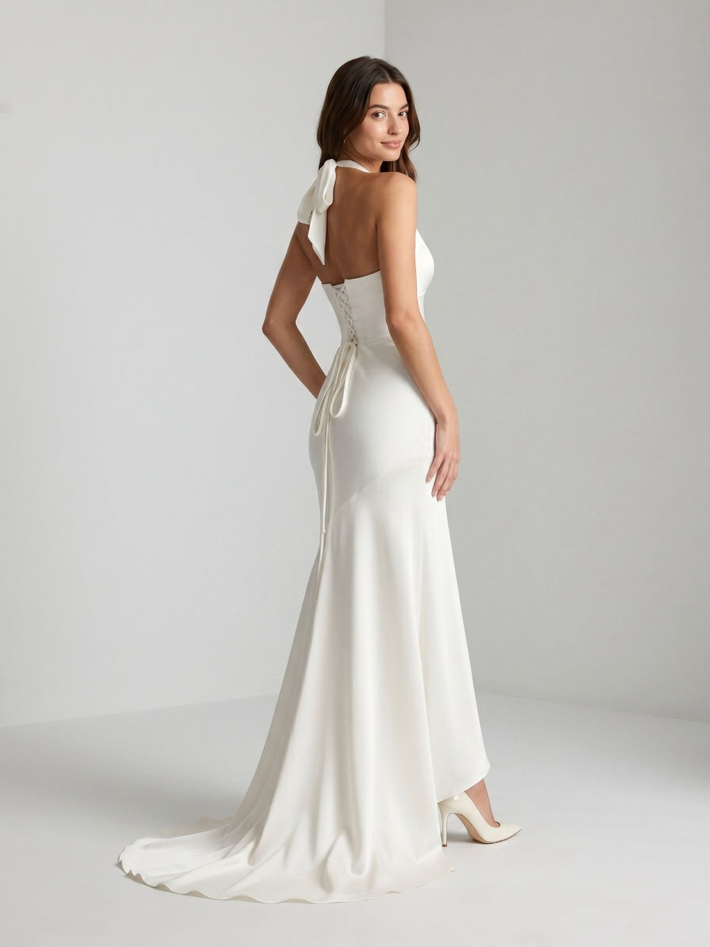 Ivory Matte Satin Sheath V-Neck Corset Back Floor-Length Formal Dress with Pleating