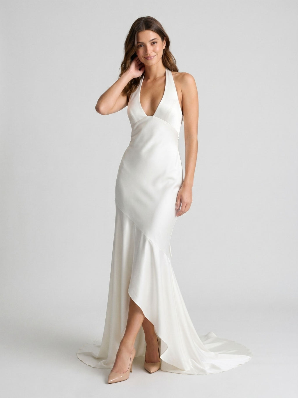Ivory Matte Satin Sheath V-Neck Corset Back Floor-Length Formal Dress with Pleating