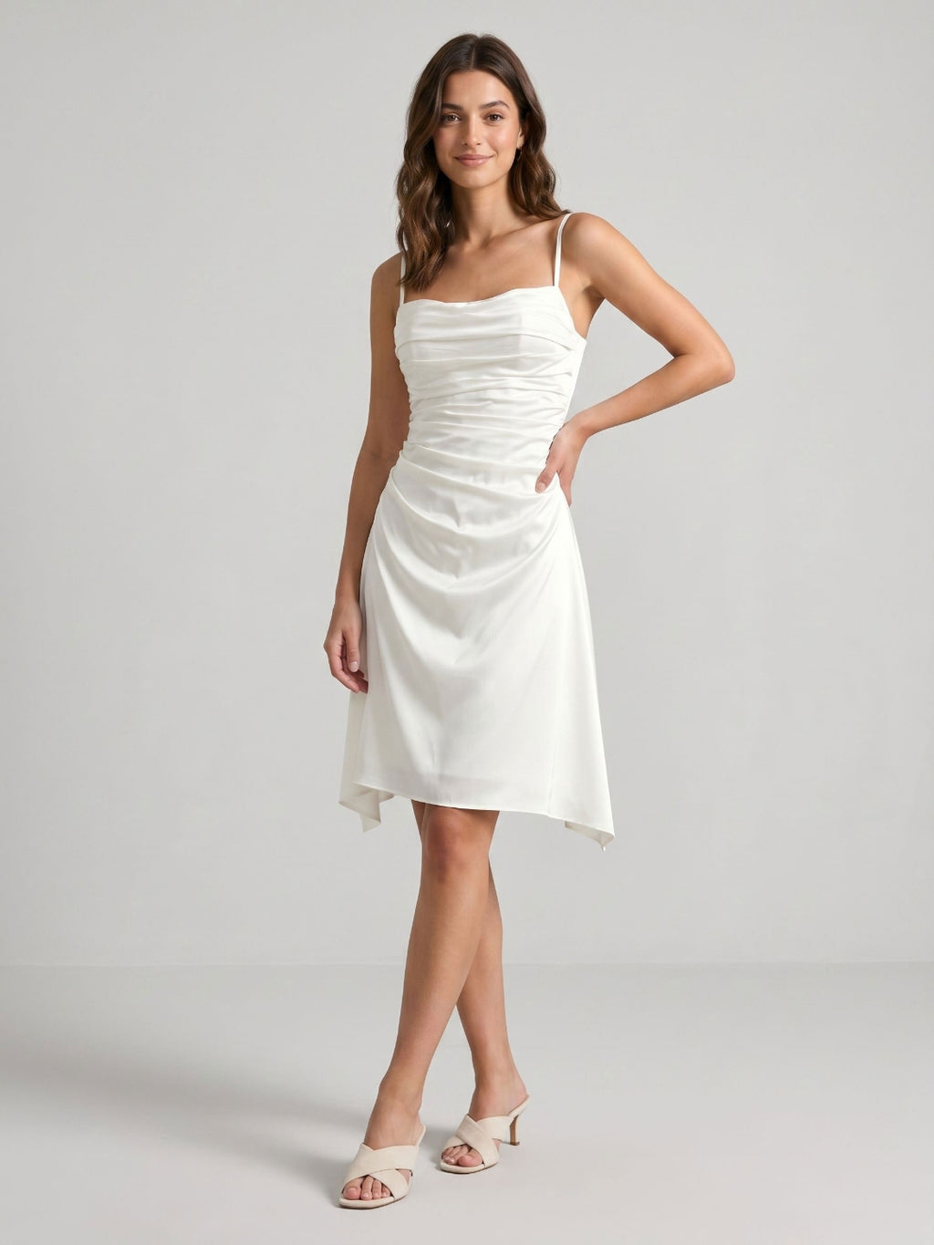 Ivory Satin A-Line Cowl Neck Back Zip Asymmetrical Dress with Pleating