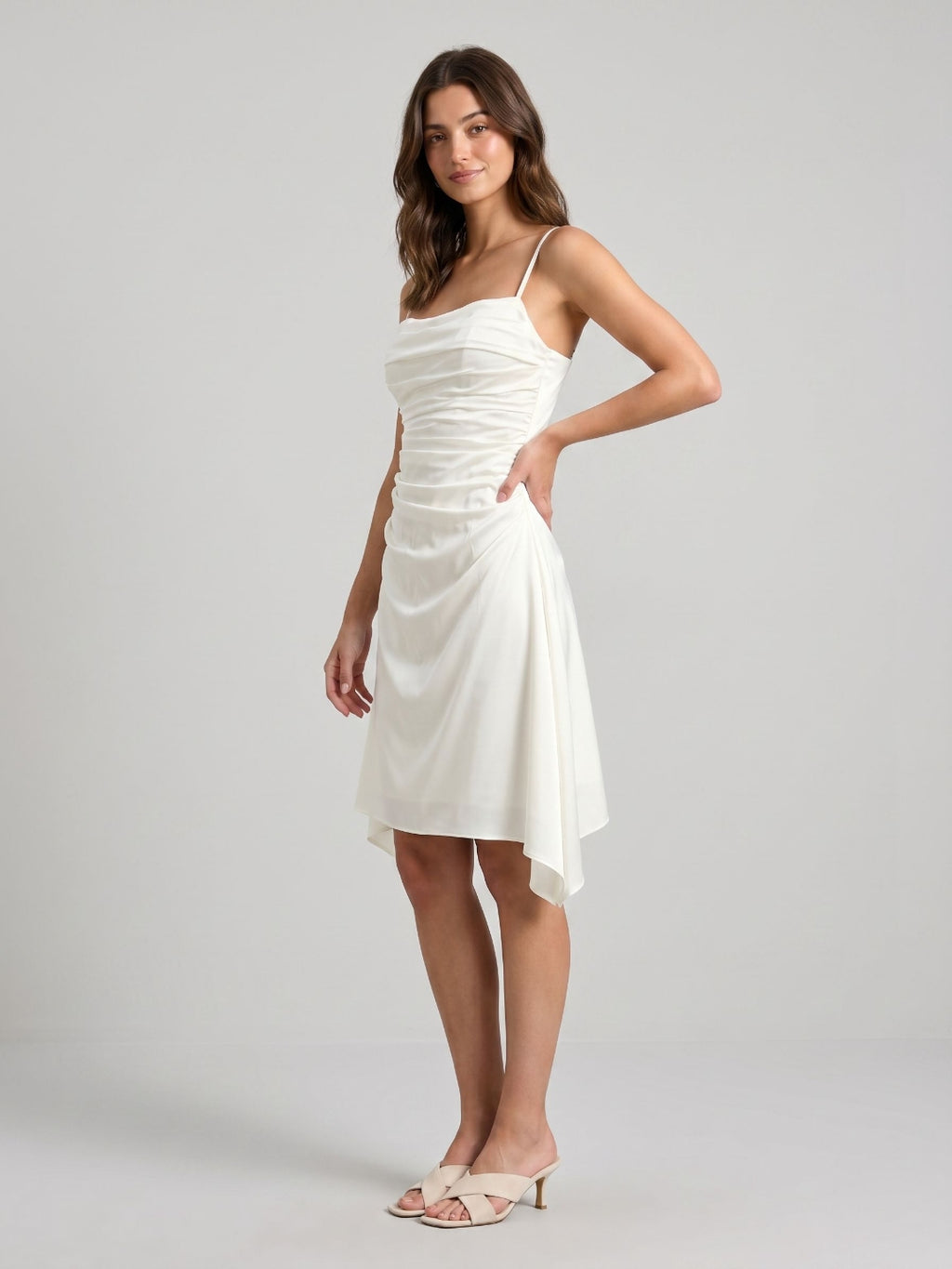 Ivory Satin A-Line Cowl Neck Back Zip Asymmetrical Dress with Pleating
