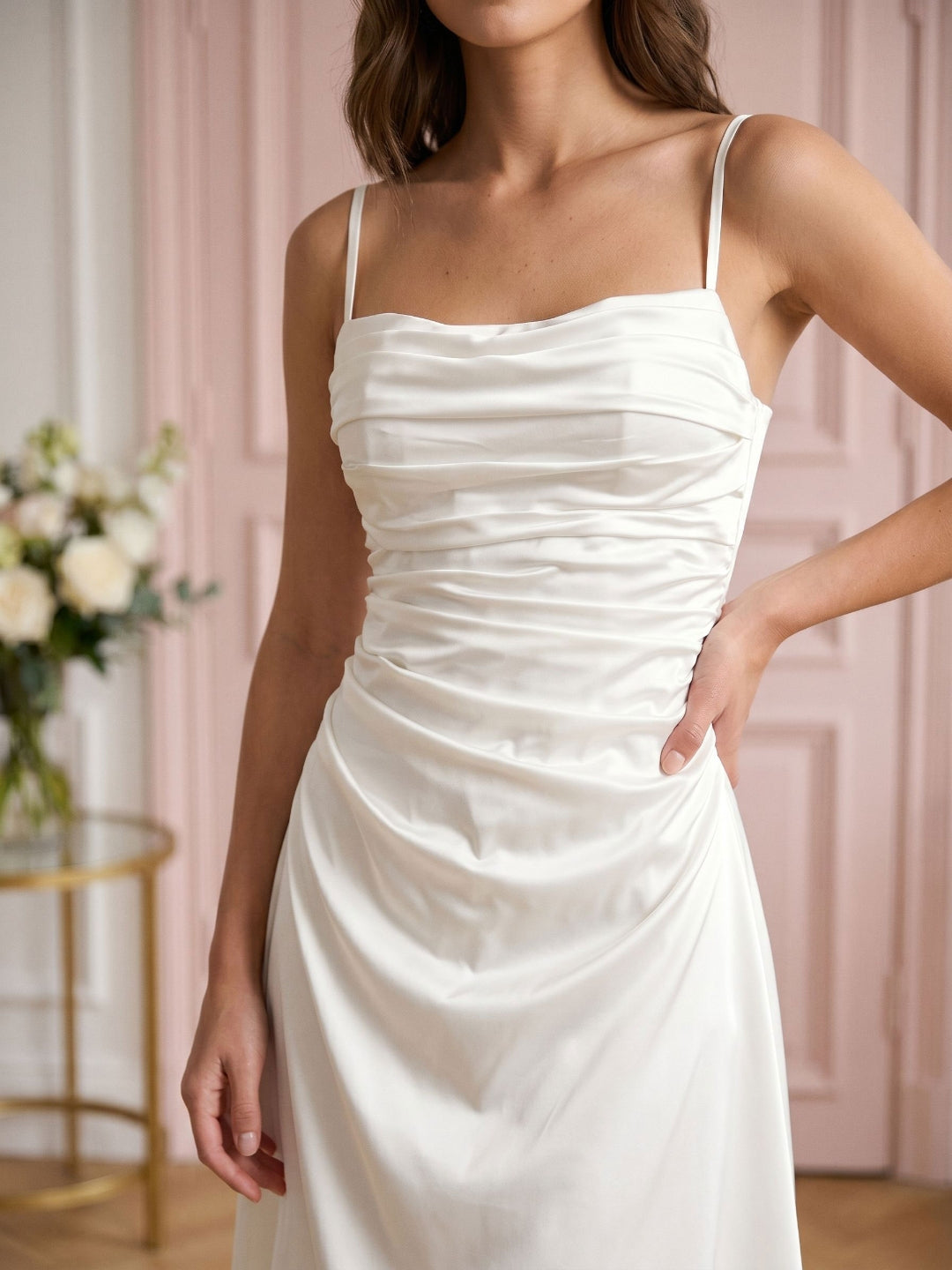 Ivory Satin A-Line Cowl Neck Back Zip Asymmetrical Dress with Pleating