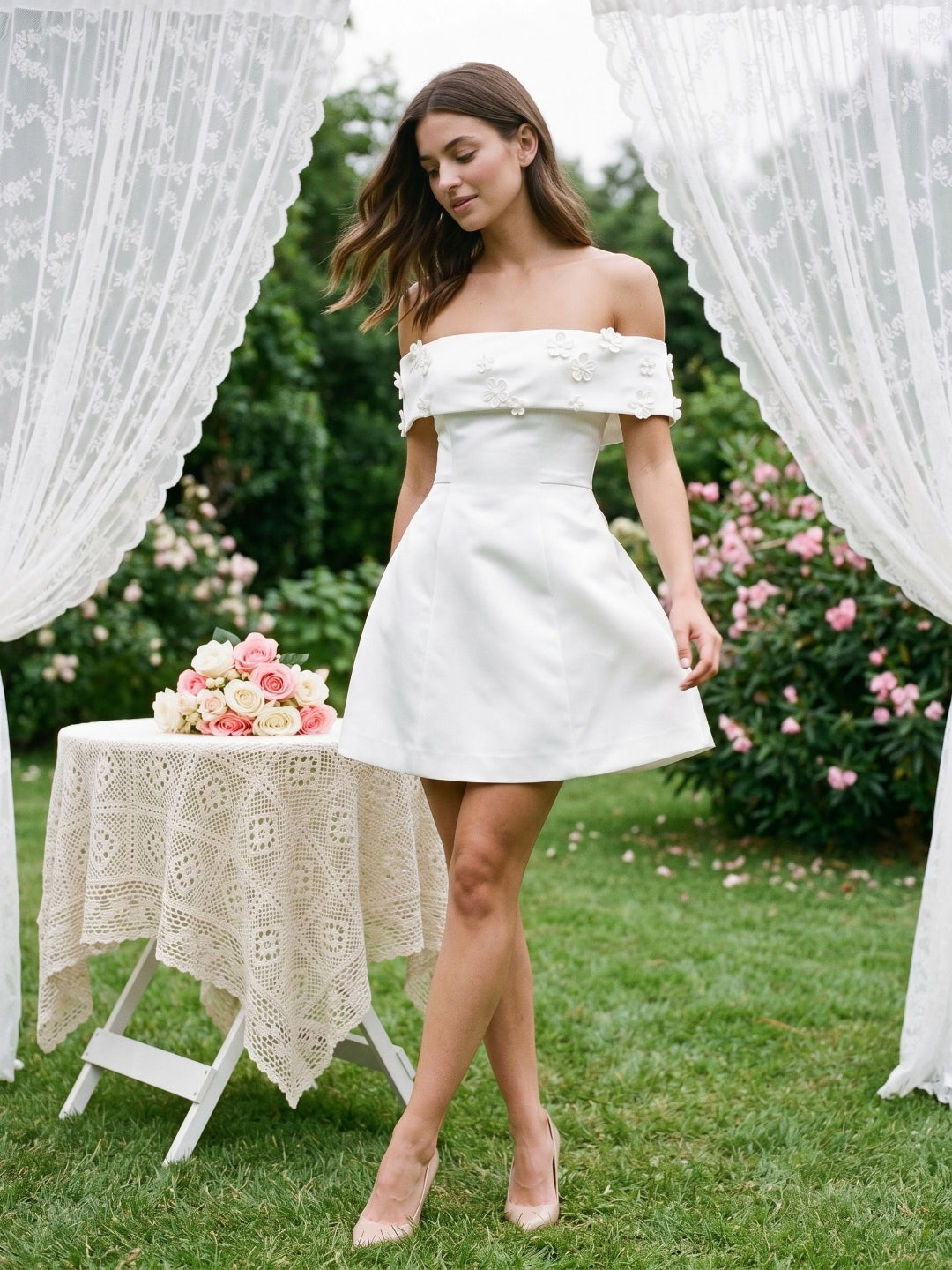 Ivory Satin A-Line Off-the-Shoulder Back Zip Short Party Dress with 3D Flowers