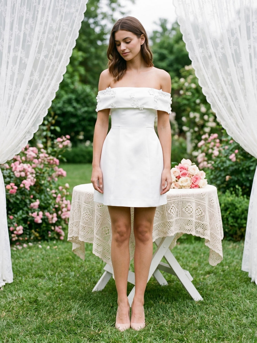 Ivory Satin A-Line Off-the-Shoulder Back Zip Short Party Dress with 3D Flowers