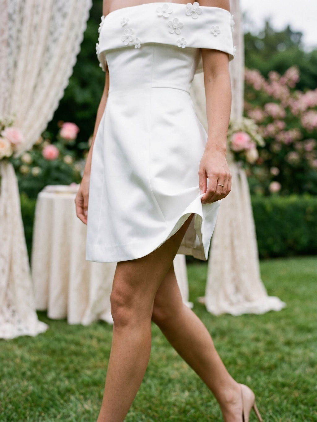 Ivory Satin A-Line Off-the-Shoulder Back Zip Short Party Dress with 3D Flowers