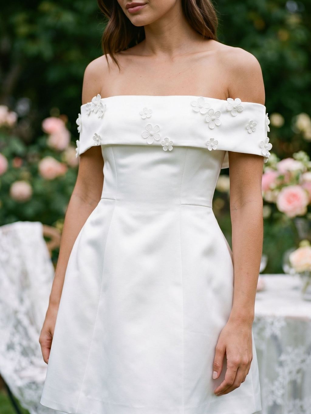 Ivory Satin A-Line Off-the-Shoulder Back Zip Short Party Dress with 3D Flowers