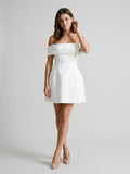 Ivory Satin A-Line Off-the-Shoulder Back Zip Short Party Dress with 3D Flowers