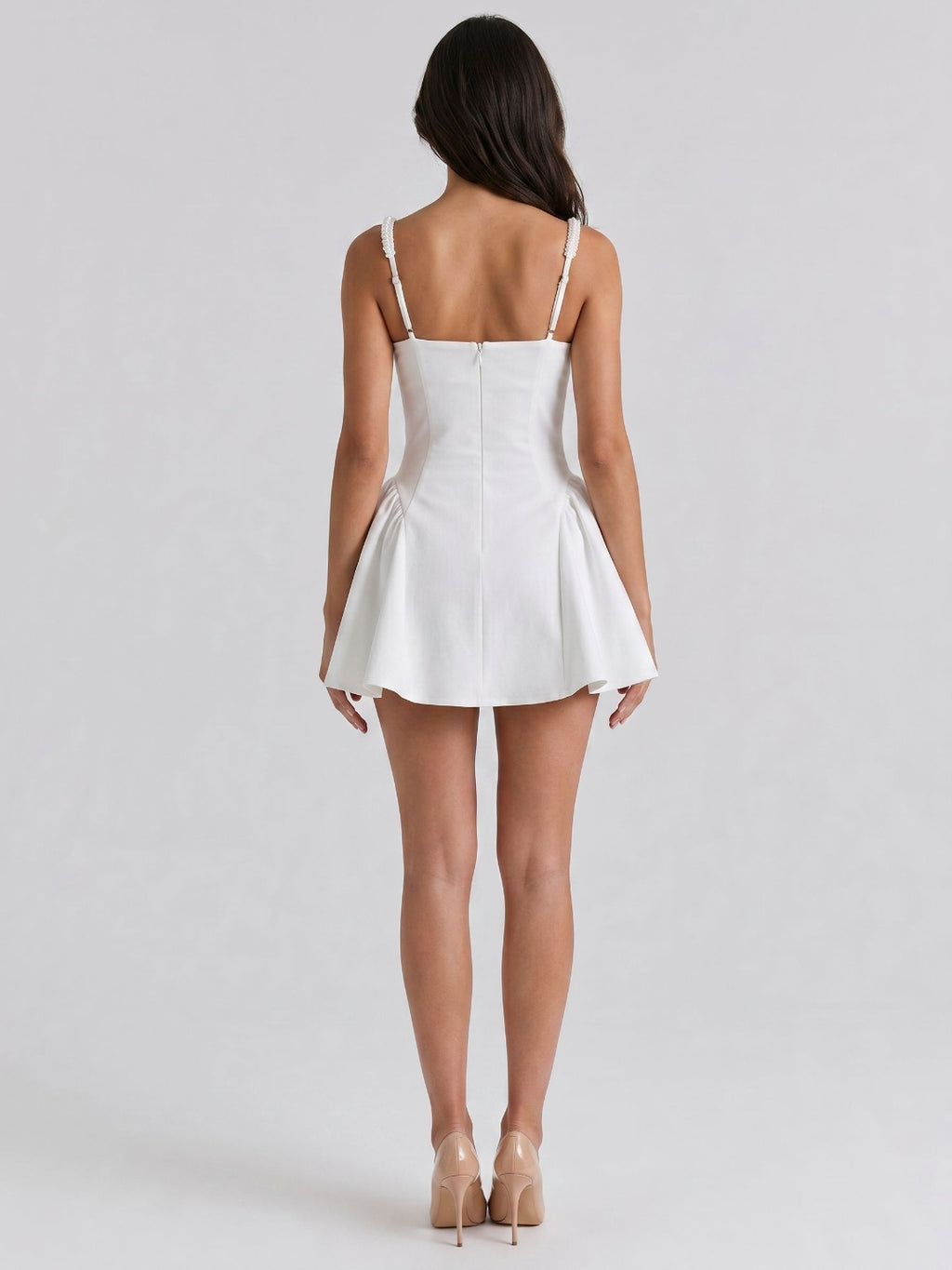 Ivory Satin A-Line Square Neck Back Zip Short Dress with Beading