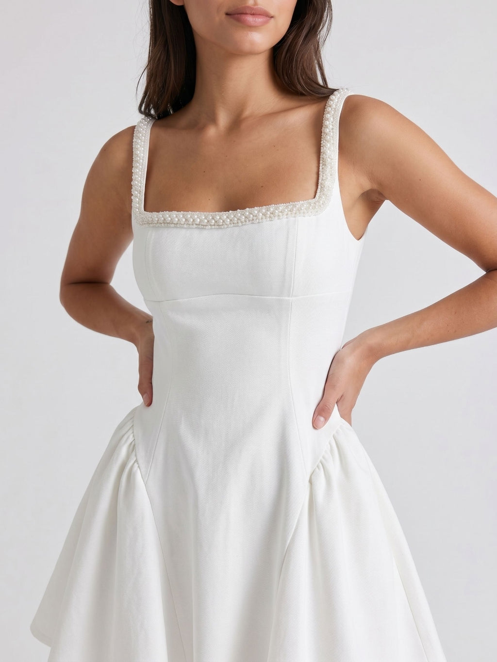 Ivory Satin A-Line Square Neck Back Zip Short Dress with Beading