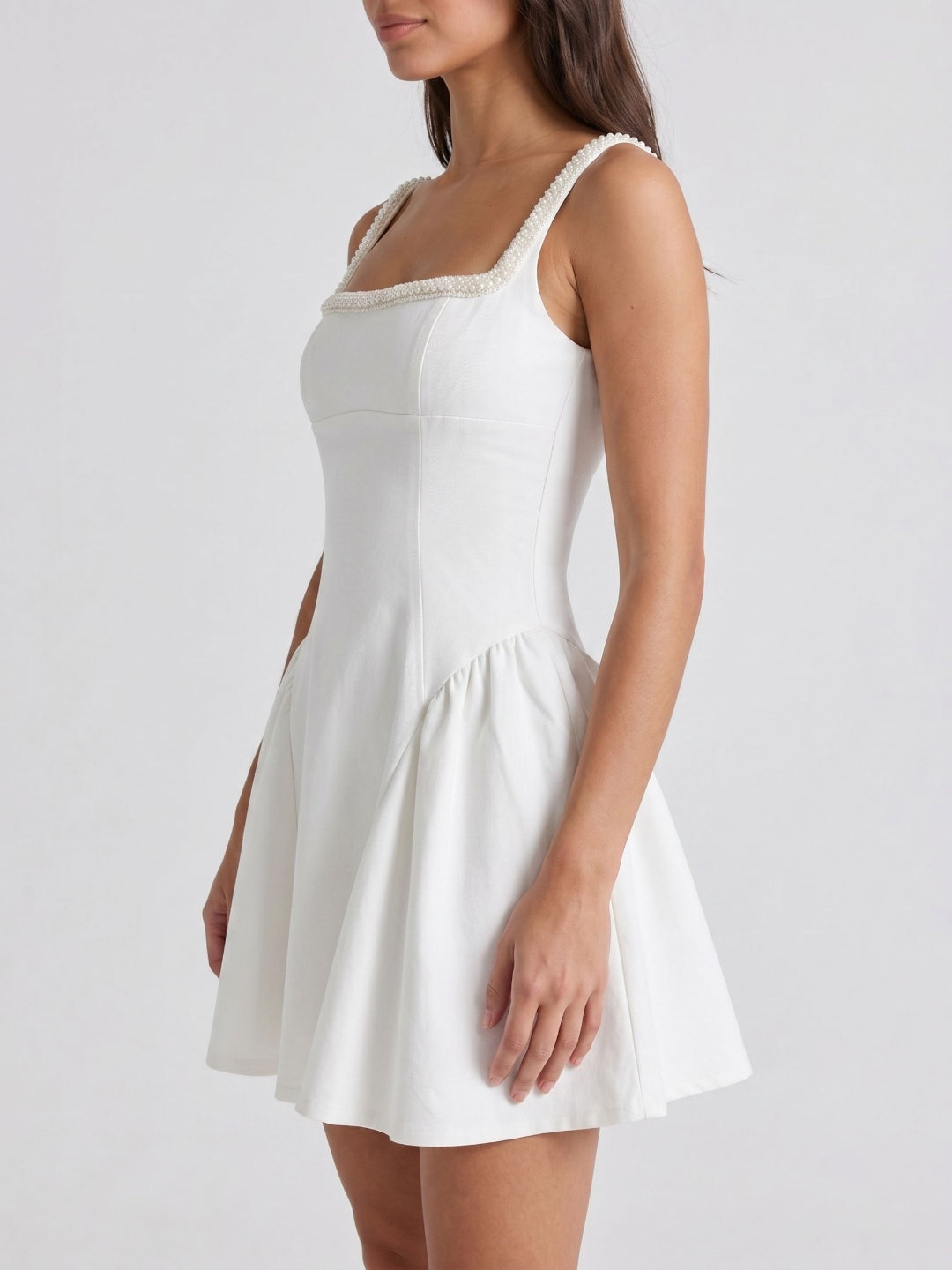 Ivory Satin A-Line Square Neck Back Zip Short Dress with Beading