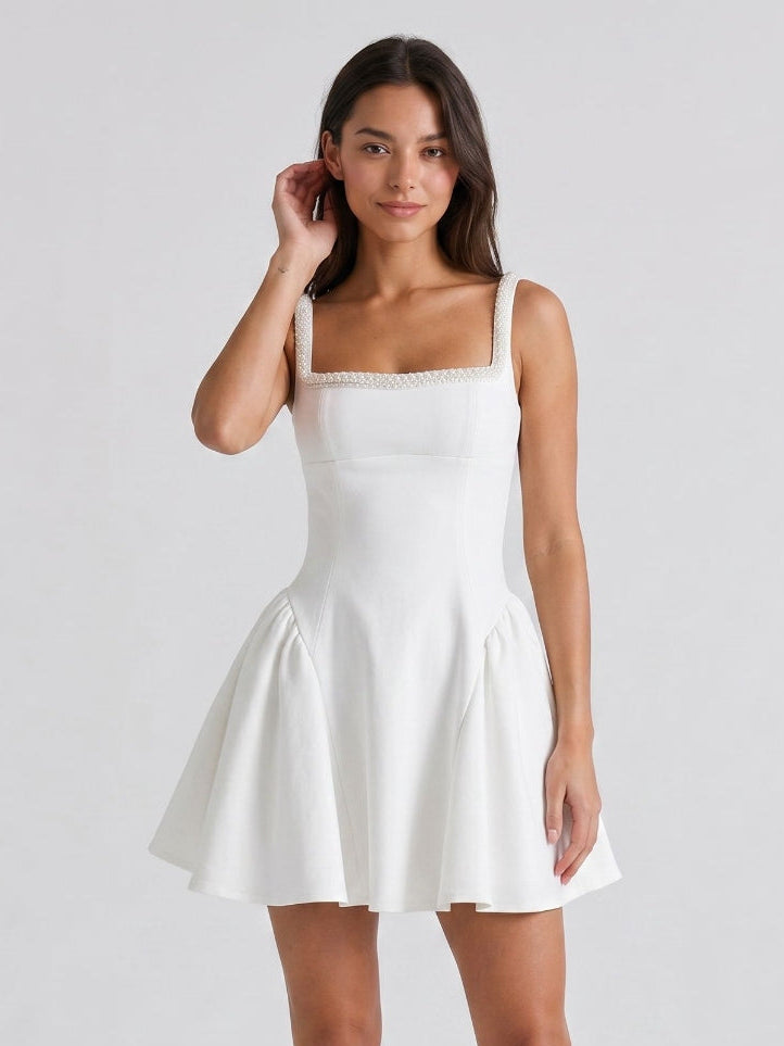 Ivory Satin A-Line Square Neck Back Zip Short Dress with Beading