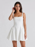 Ivory Satin A-Line Square Neck Back Zip Short Dress with Beading