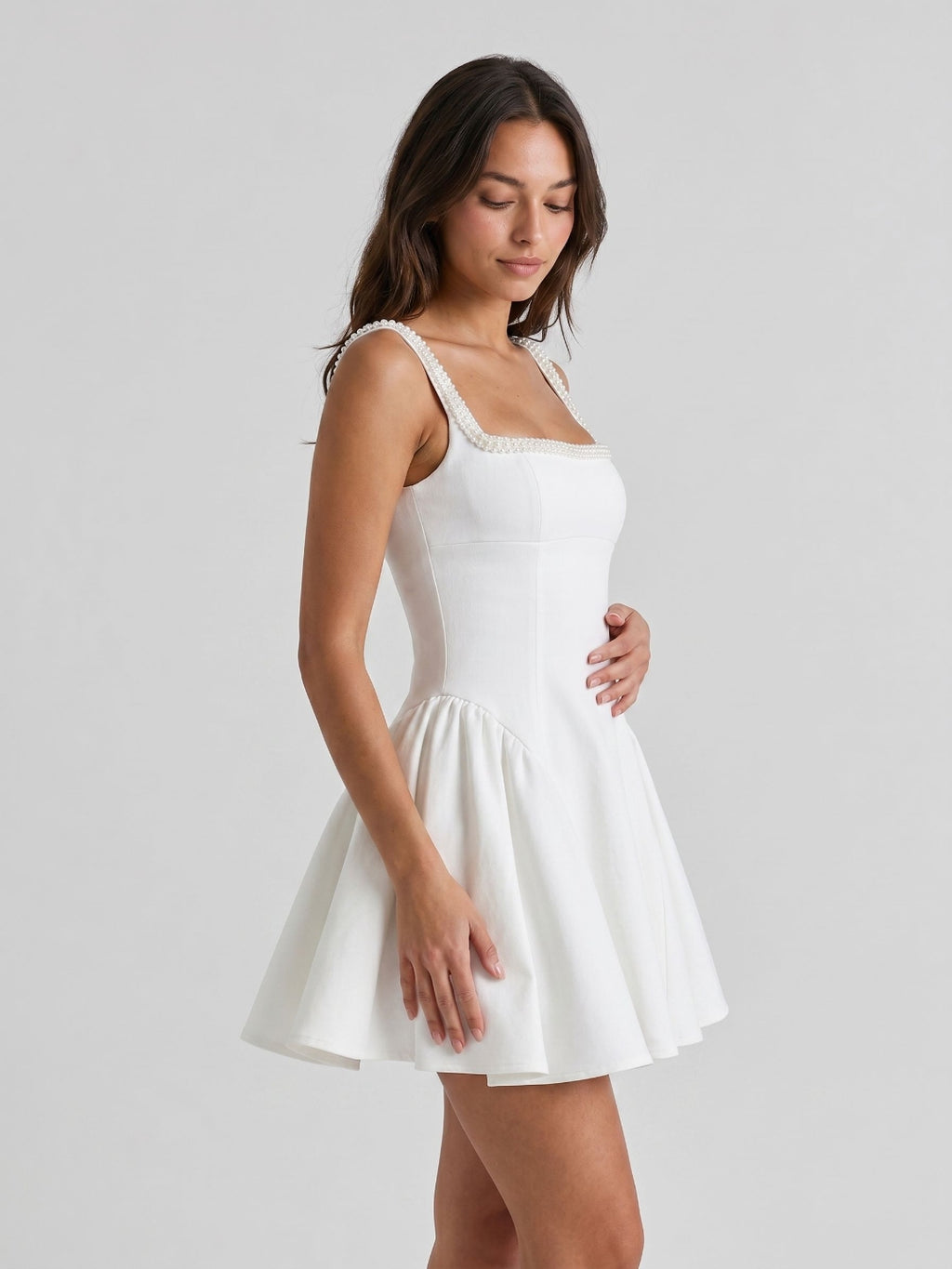 Ivory Satin A-Line Square Neck Back Zip Short Dress with Beading