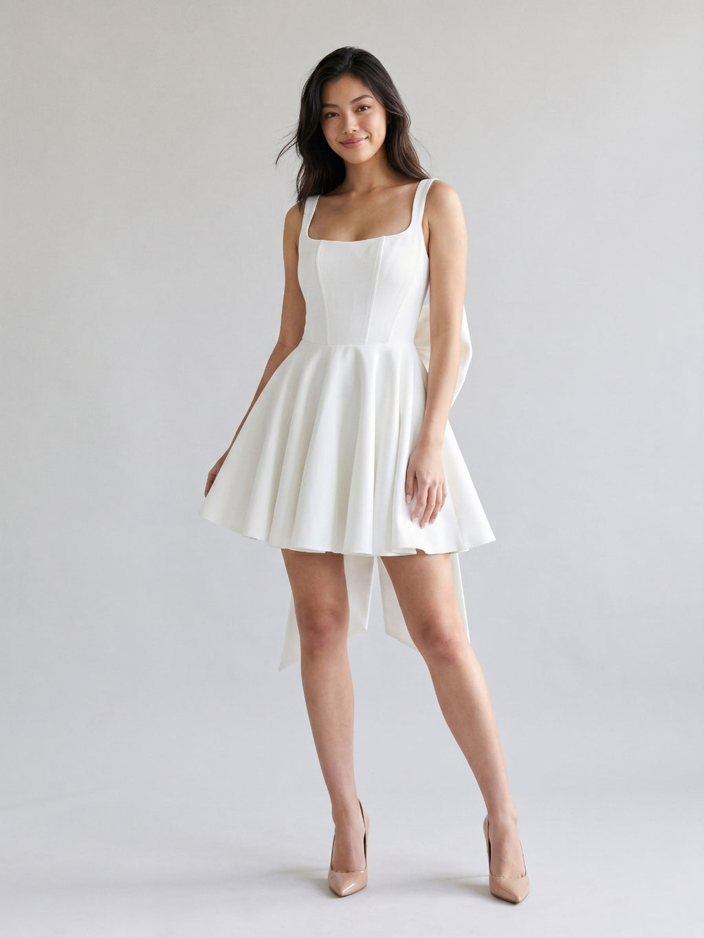 Ivory Satin A-Line Square Neck Backless Short Party Dress with Bow