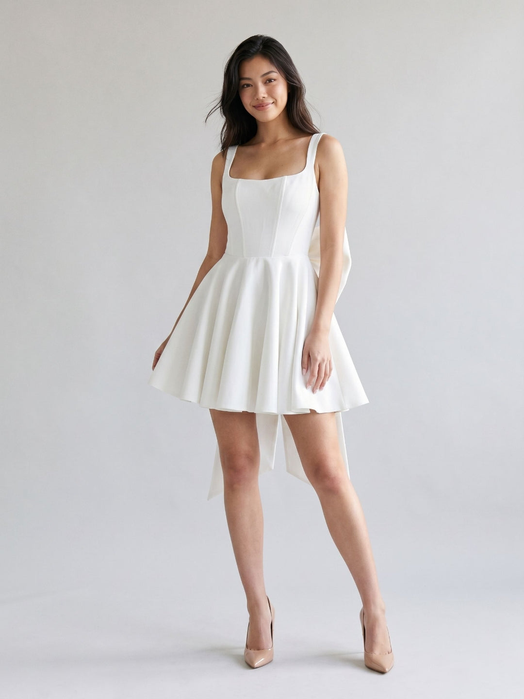 Ivory Satin A-Line Square Neck Backless Short Party Dress with Bow