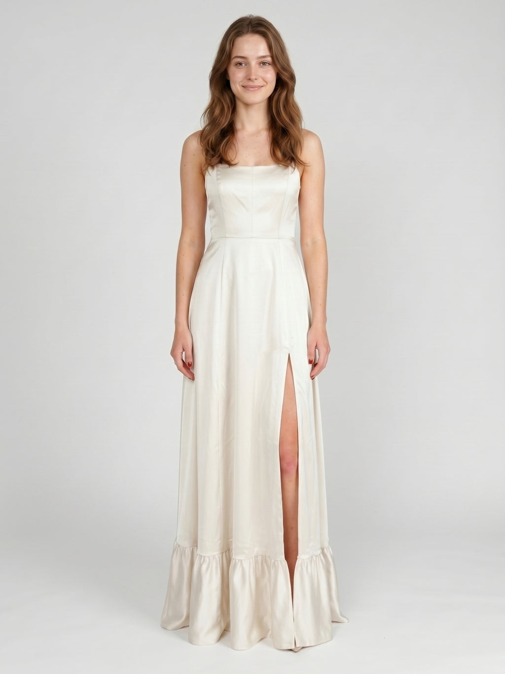 Ivory Satin A-Line Square Neck Criss-Cross Bridesmaid Dress