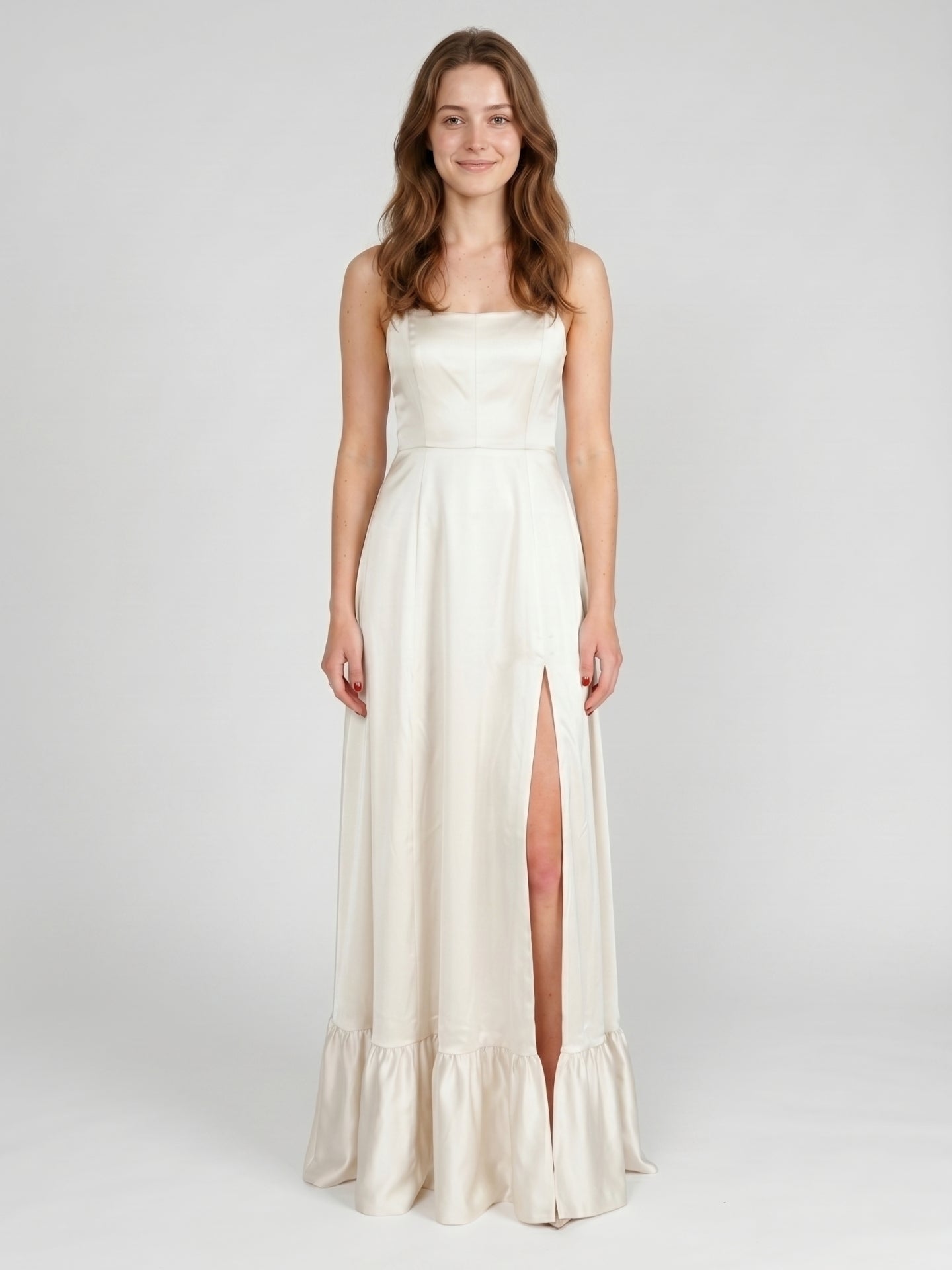 Ivory Satin A-Line Square Neck Criss-Cross Bridesmaid Dress