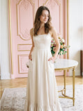 Ivory Satin A-Line Square Neck Criss-Cross Bridesmaid Dress