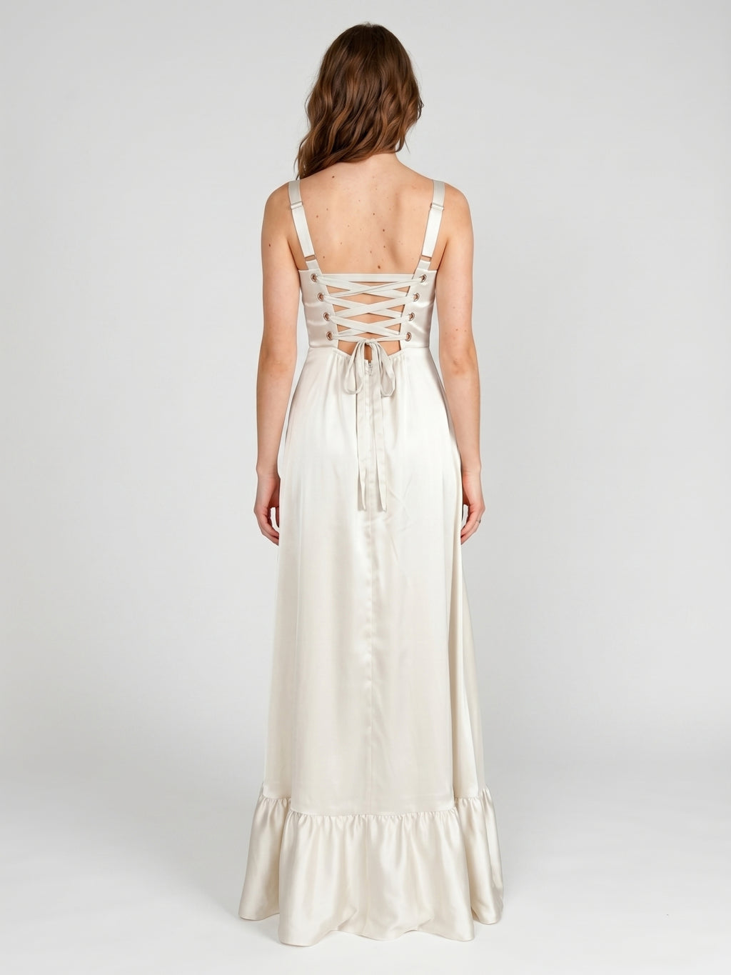 Ivory Satin A-Line Square Neck Criss-Cross Bridesmaid Dress