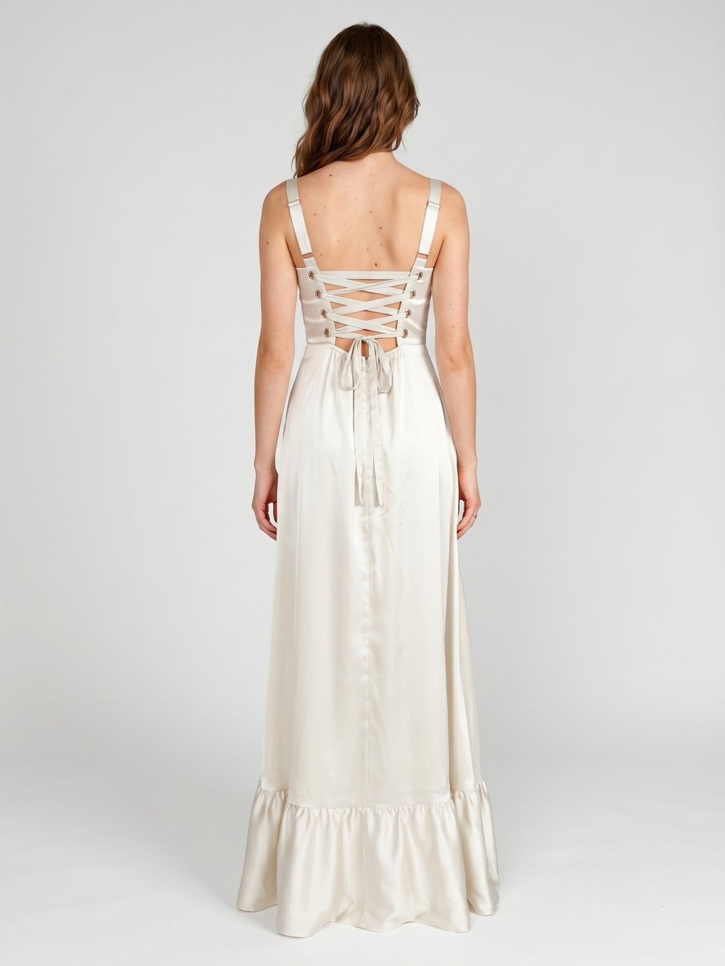 Ivory Satin A-Line Square Neck Criss-Cross Bridesmaid Dress