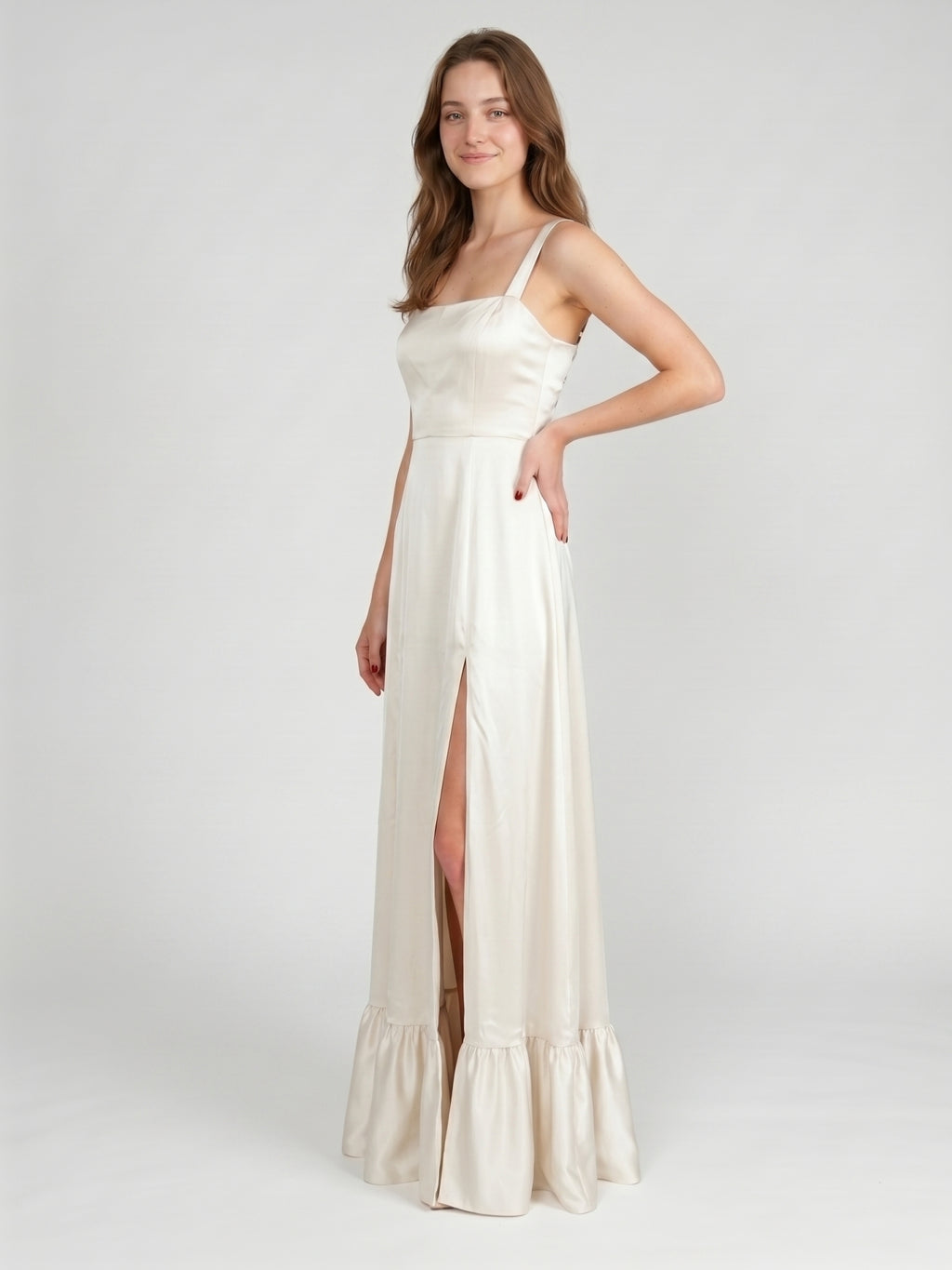 Ivory Satin A-Line Square Neck Criss-Cross Bridesmaid Dress