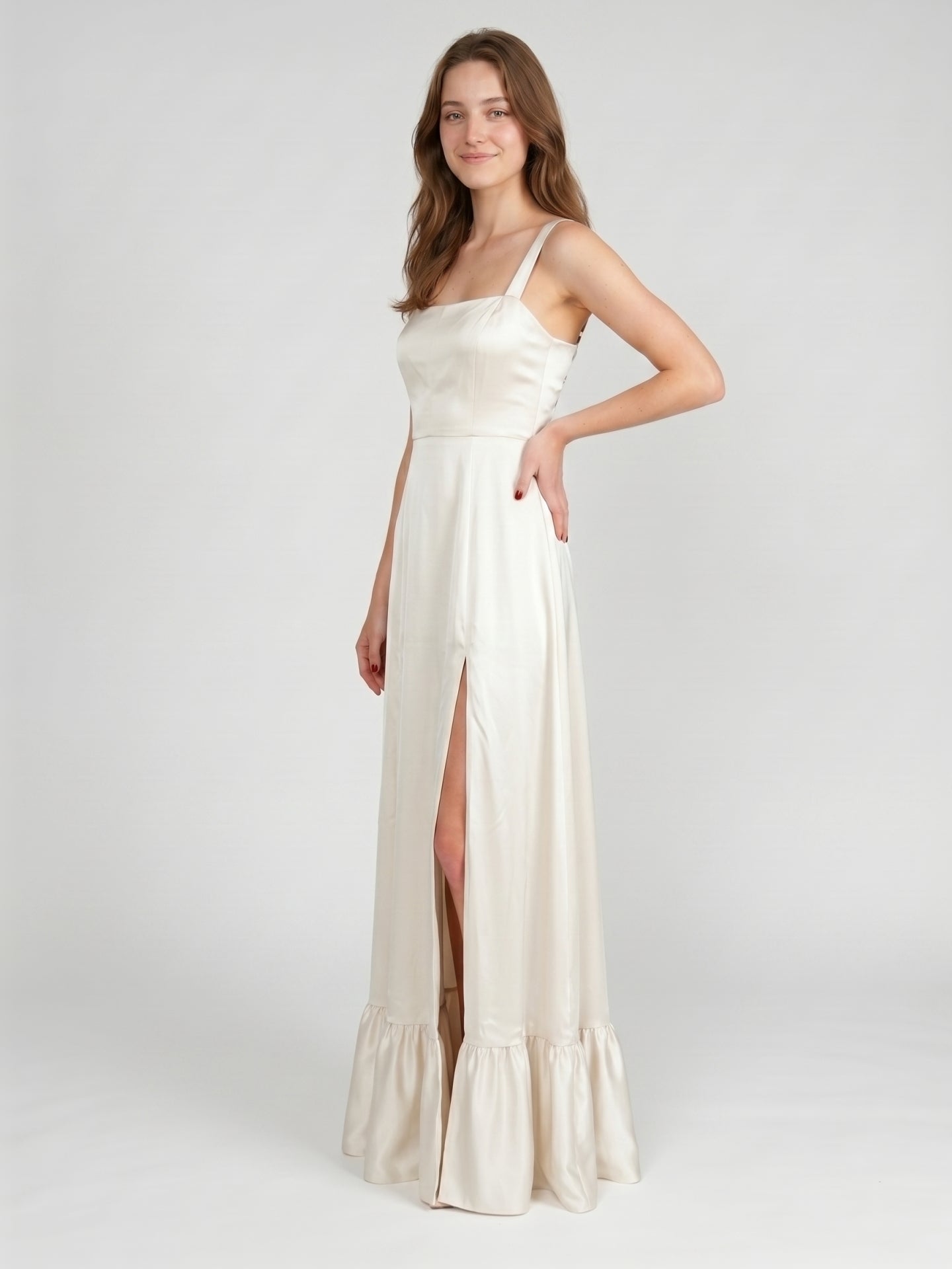 Ivory Satin A-Line Square Neck Criss-Cross Bridesmaid Dress