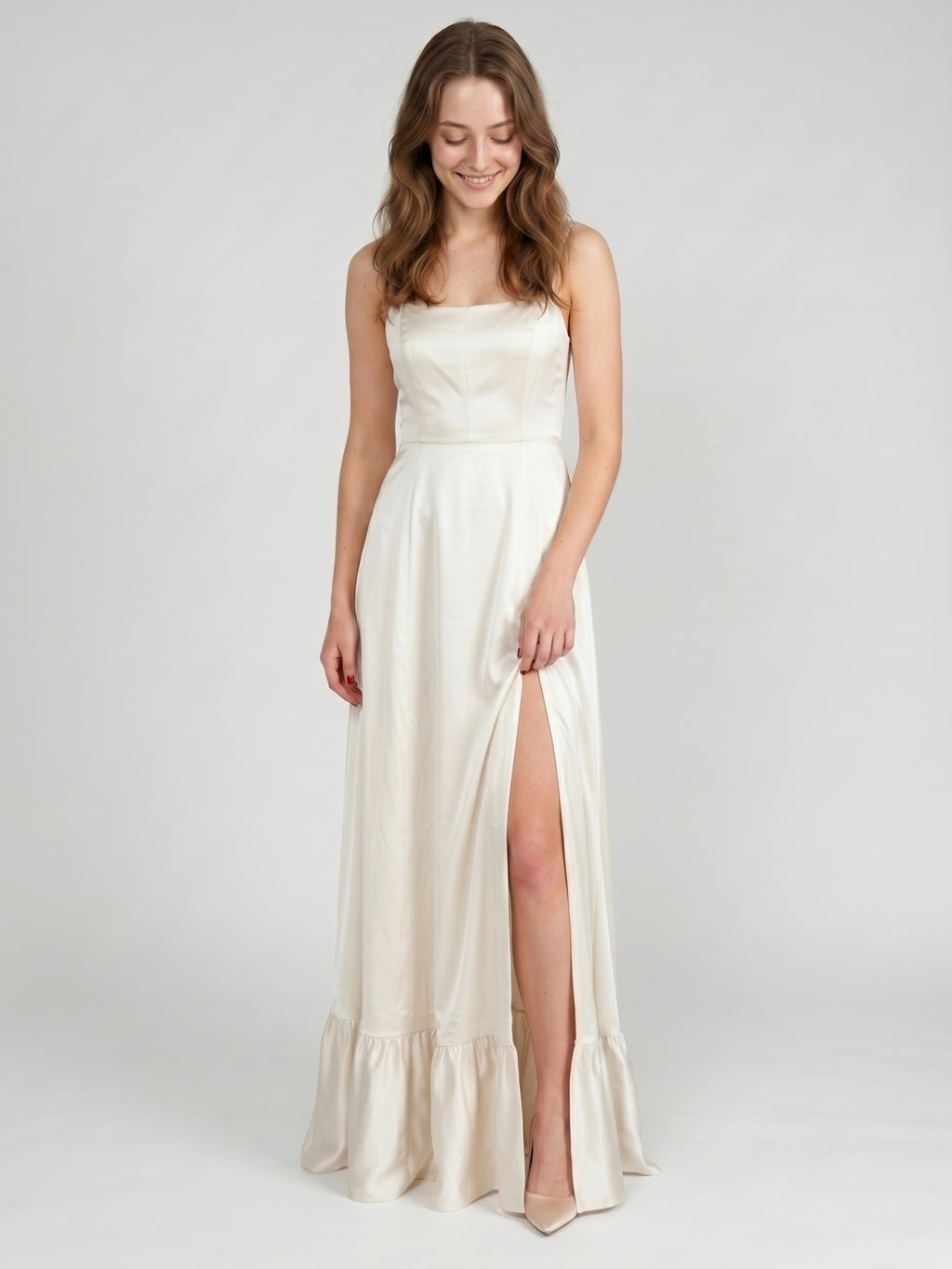 Ivory Satin A-Line Square Neck Criss-Cross Bridesmaid Dress
