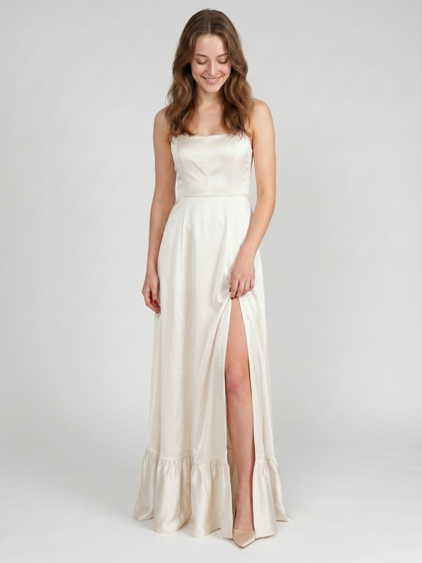 Ivory Satin A-Line Square Neck Criss-Cross Bridesmaid Dress