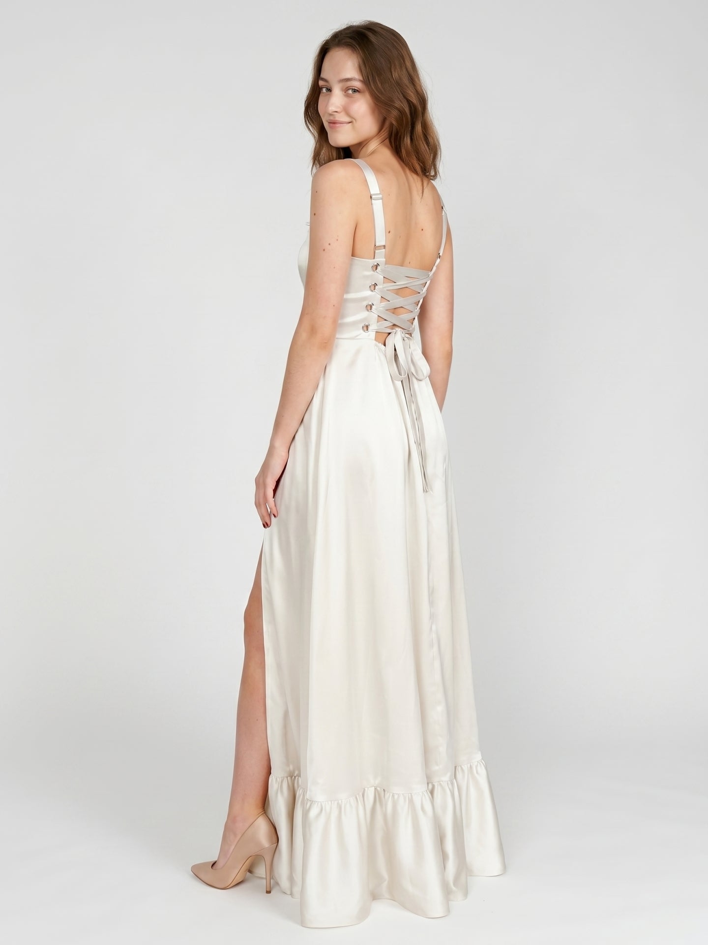 Ivory Satin A-Line Square Neck Criss-Cross Bridesmaid Dress