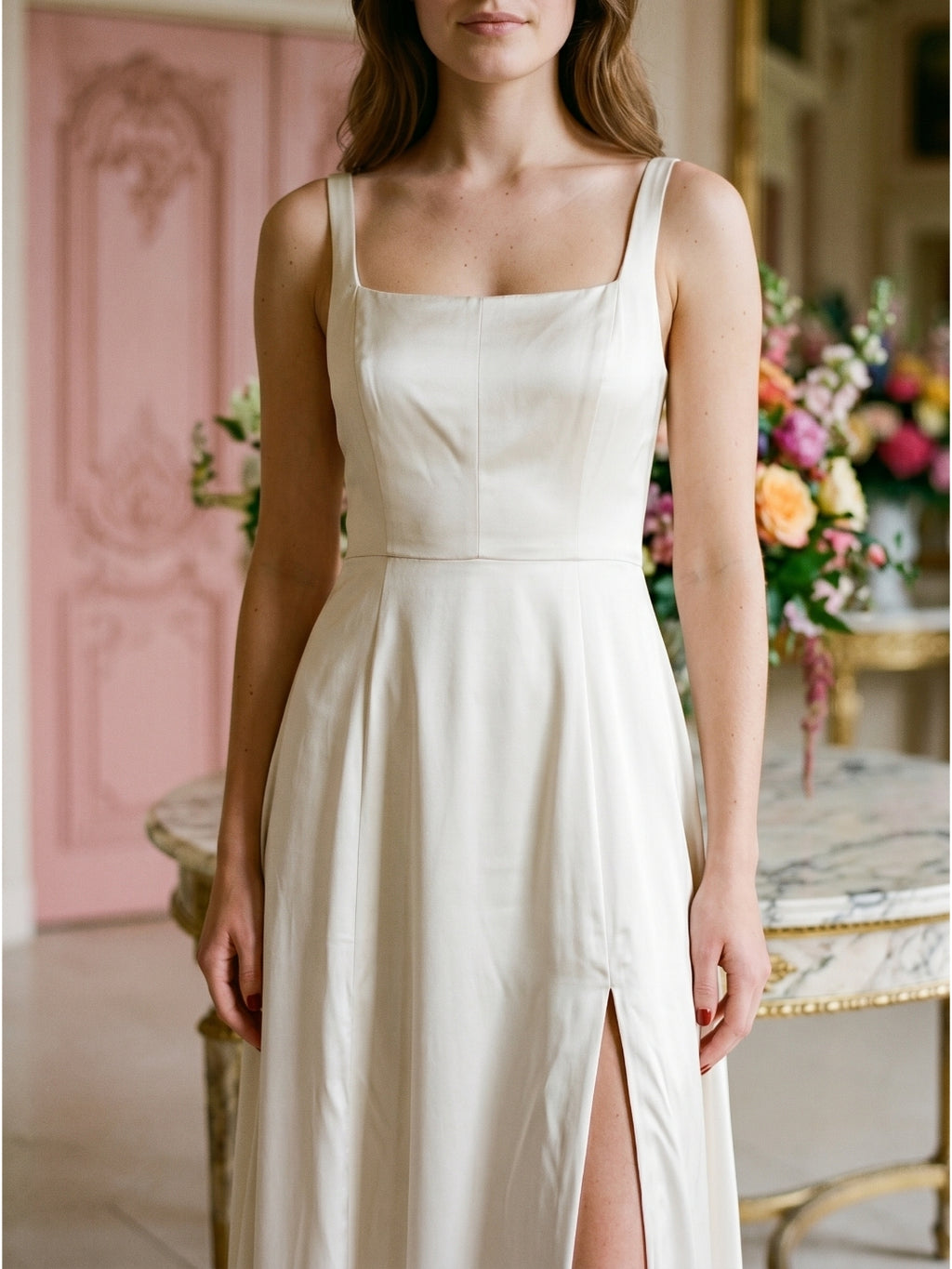 Ivory Satin A-Line Square Neck Criss-Cross Bridesmaid Dress
