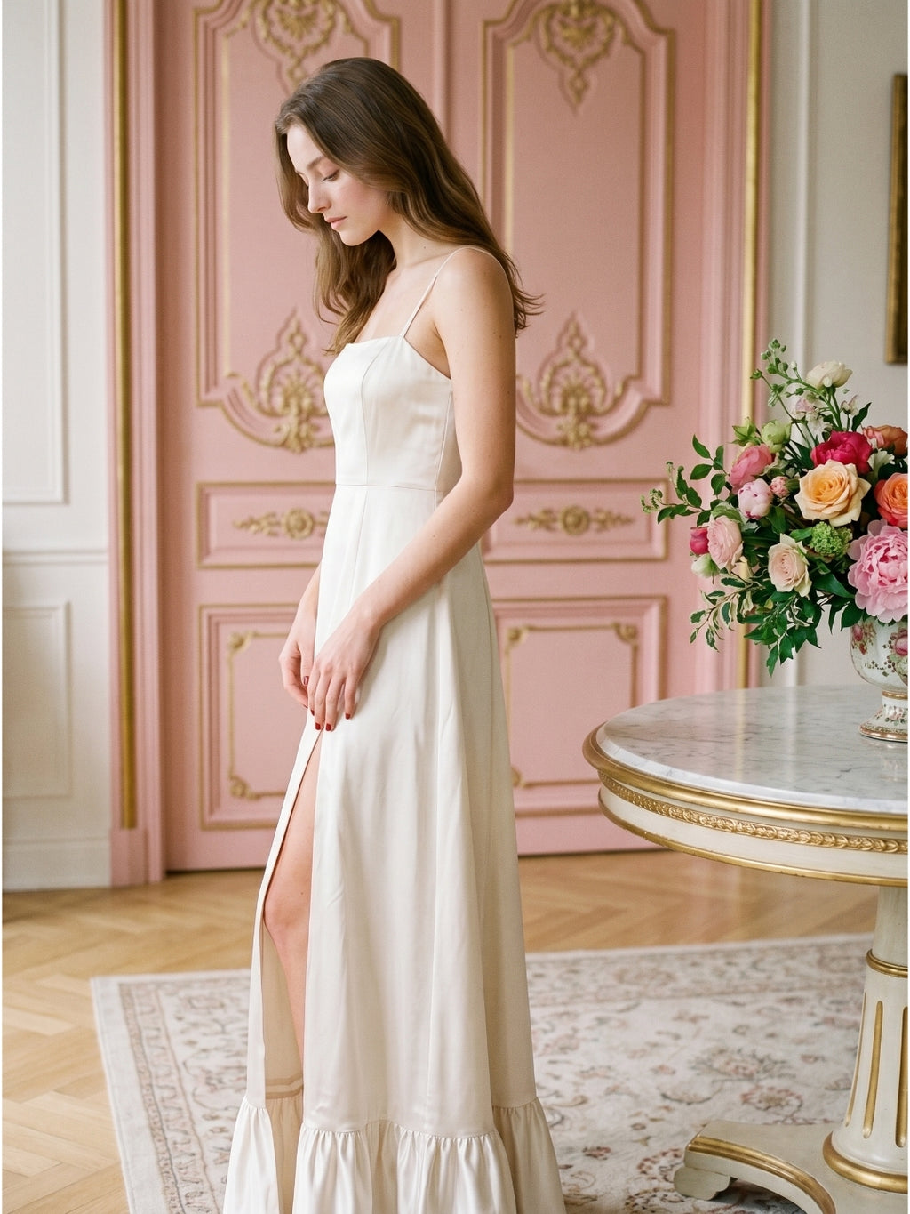Ivory Satin A-Line Square Neck Criss-Cross Bridesmaid Dress