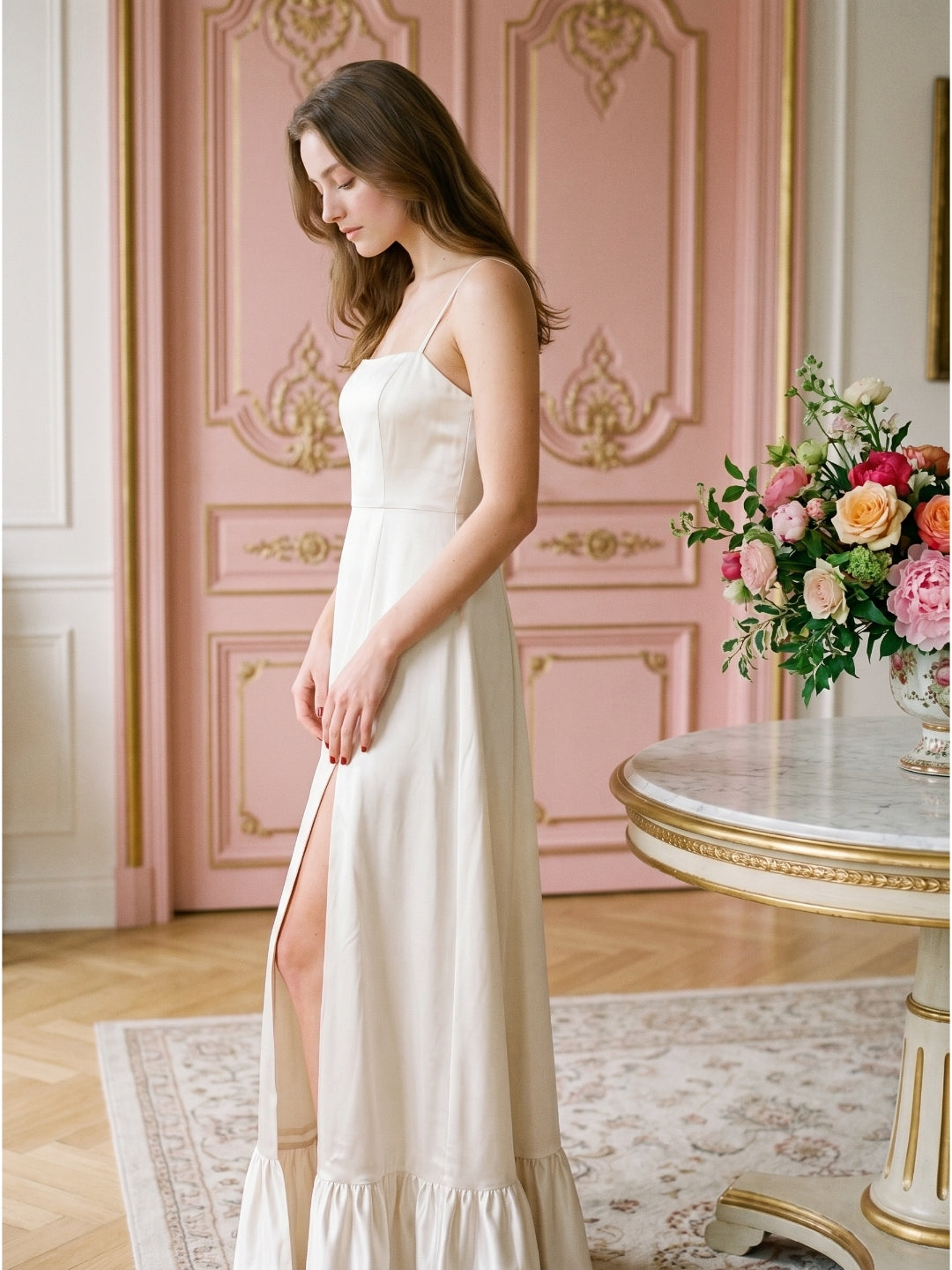 Ivory Satin A-Line Square Neck Criss-Cross Bridesmaid Dress