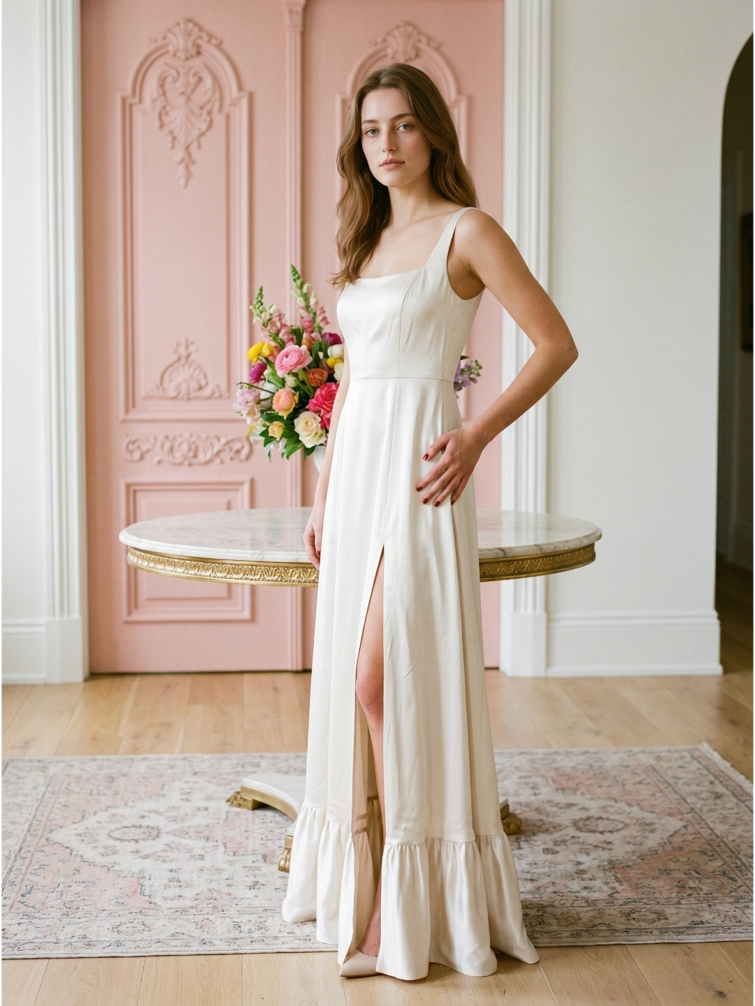 Ivory Satin A-Line Square Neck Criss-Cross Bridesmaid Dress