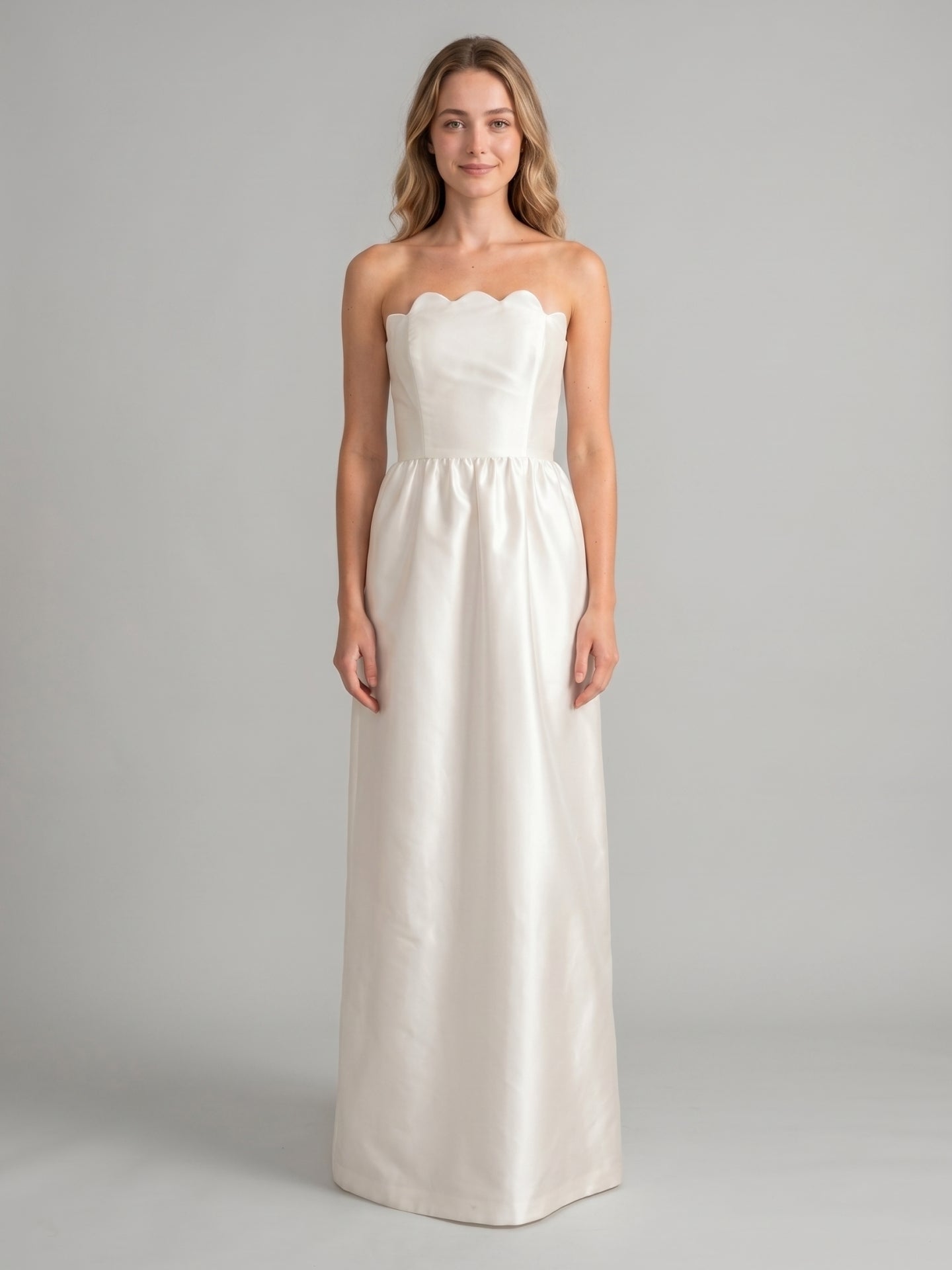 Ivory Satin A-Line Straight Neck Floor-Length Bridesmaid Dress