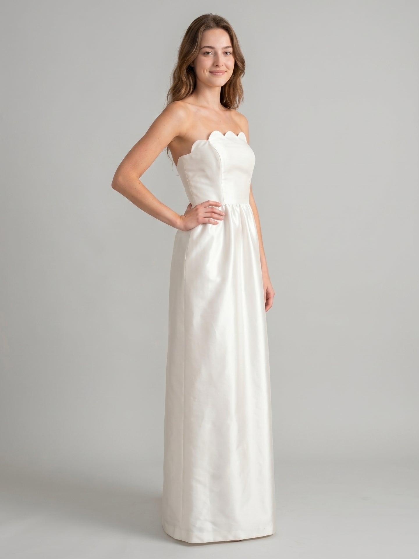 Ivory Satin A-Line Straight Neck Floor-Length Bridesmaid Dress