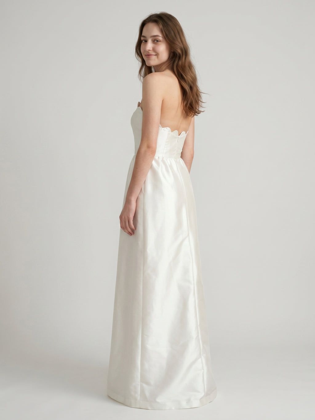 Ivory Satin A-Line Straight Neck Floor-Length Bridesmaid Dress