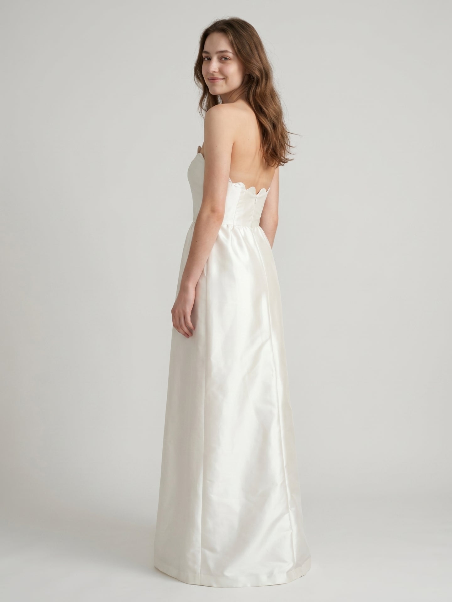 Ivory Satin A-Line Straight Neck Floor-Length Bridesmaid Dress