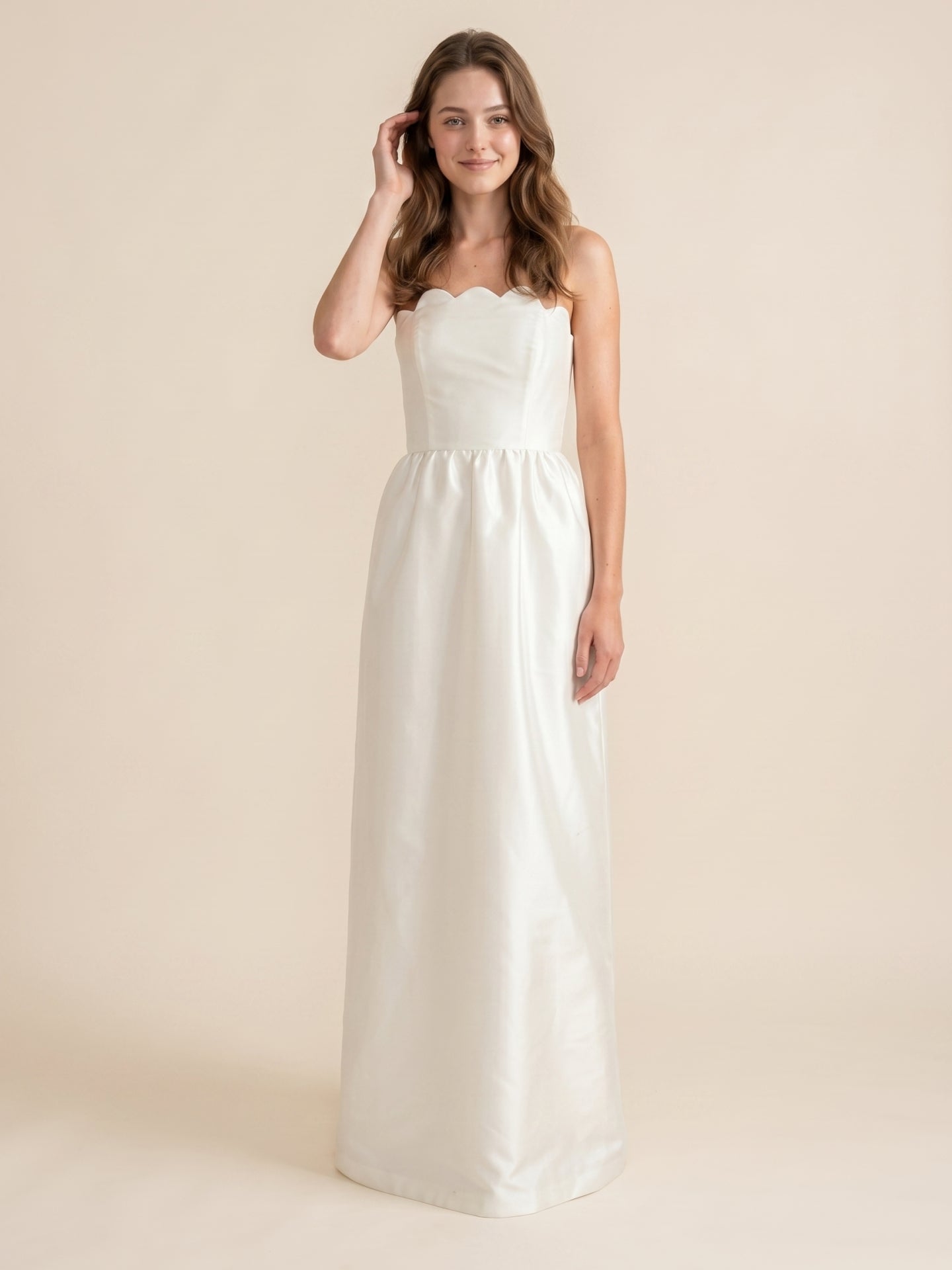 Ivory Satin A-Line Straight Neck Floor-Length Bridesmaid Dress