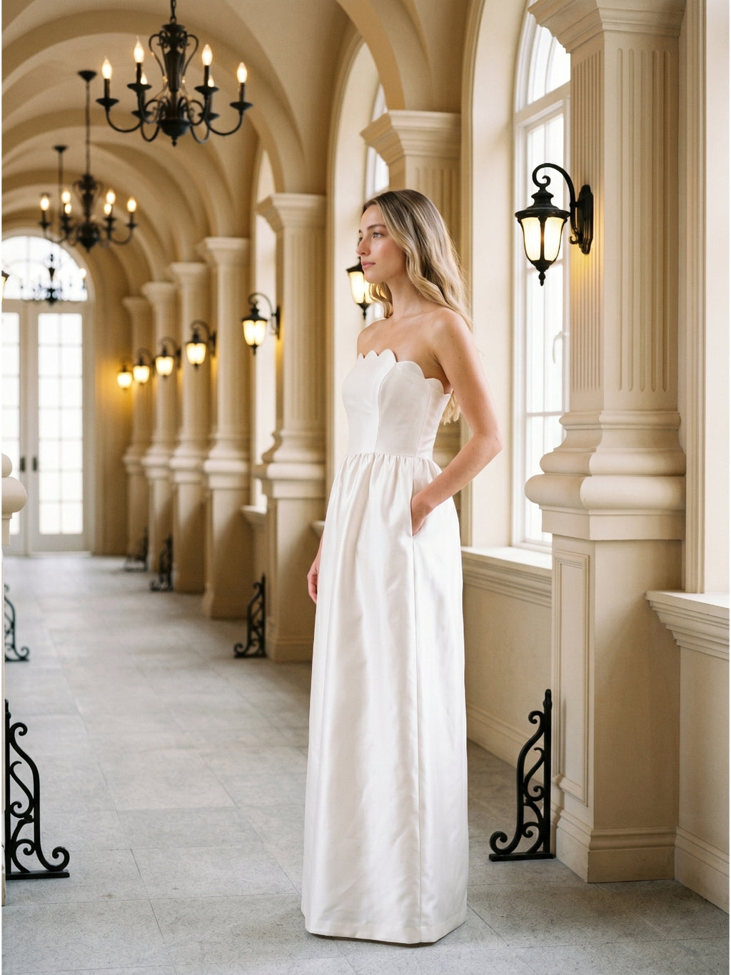 Ivory Satin A-Line Straight Neck Floor-Length Bridesmaid Dress