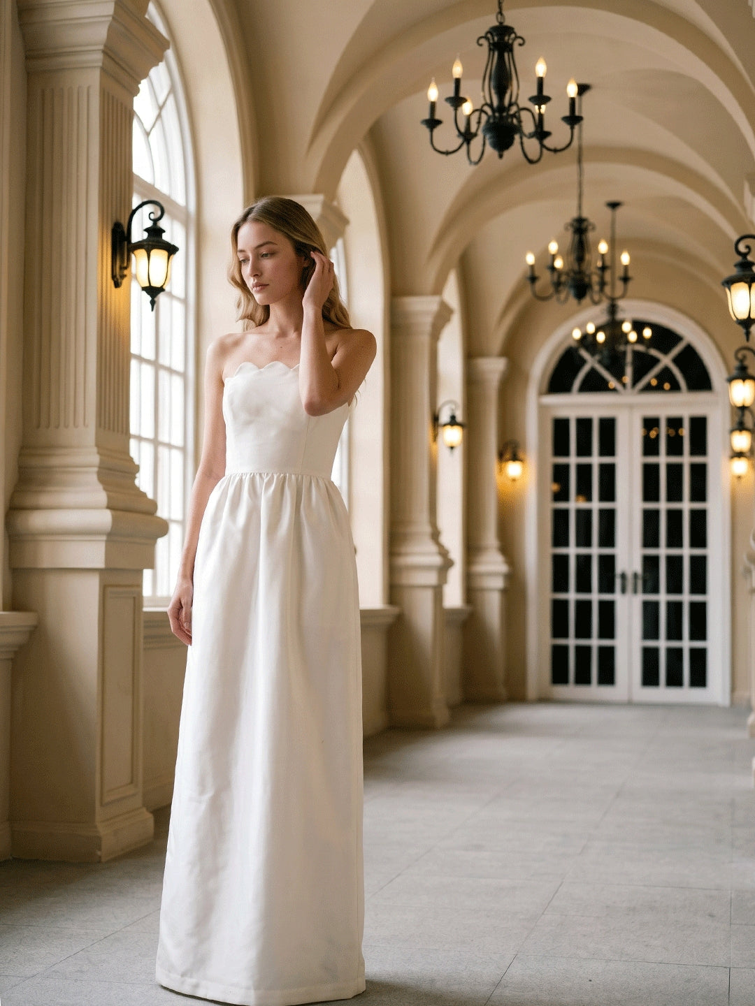 Ivory Satin A-Line Straight Neck Floor-Length Bridesmaid Dress