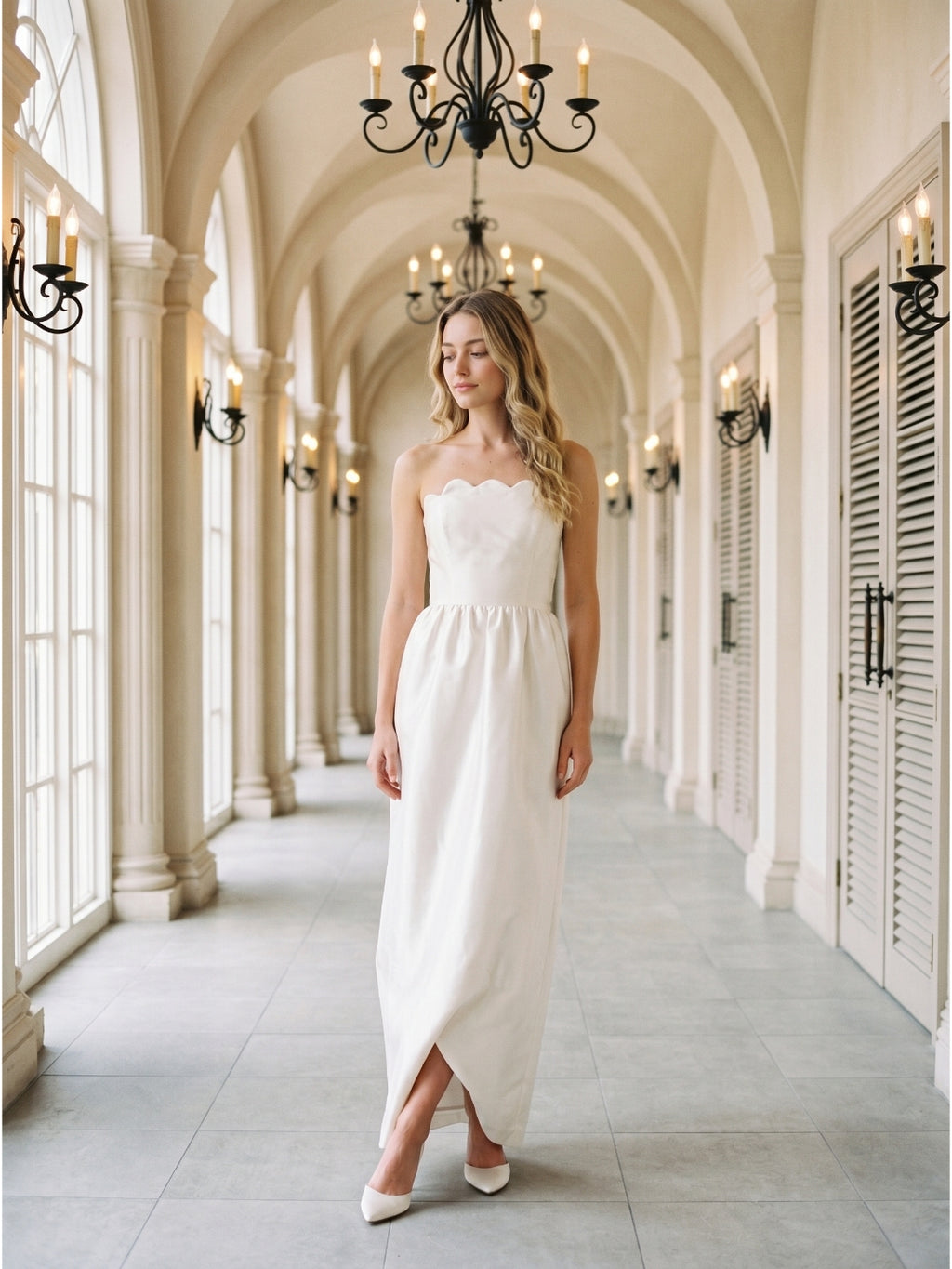 Ivory Satin A-Line Straight Neck Floor-Length Bridesmaid Dress