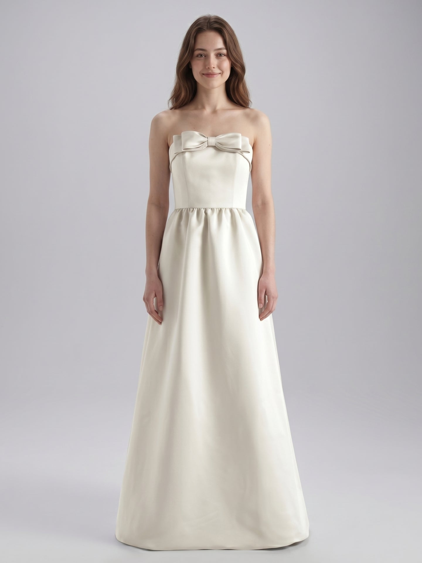 Ivory Satin A-Line Straight Neck Floor-Length Bridesmaid Dress with Bow