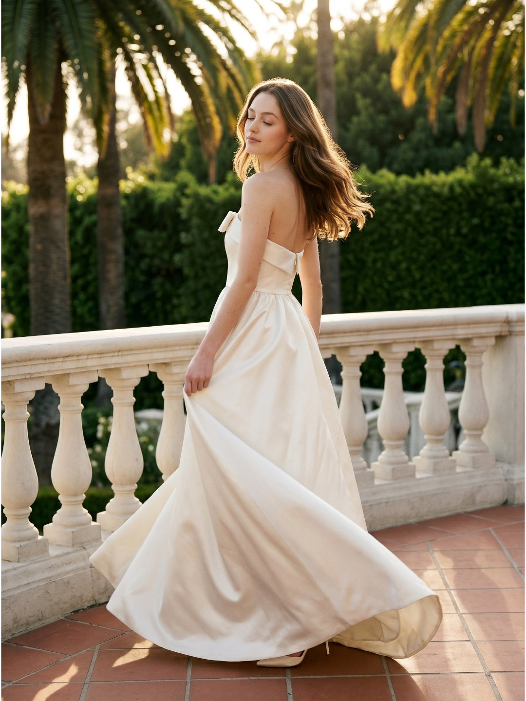 Ivory Satin A-Line Straight Neck Floor-Length Bridesmaid Dress with Bow