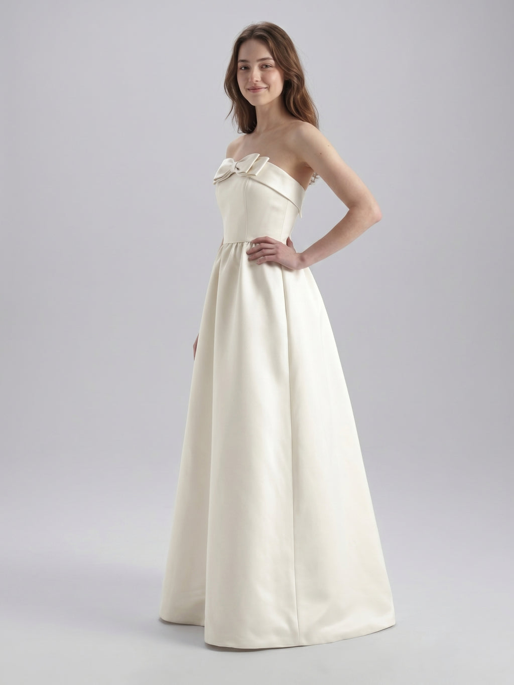 Ivory Satin A-Line Straight Neck Floor-Length Bridesmaid Dress with Bow