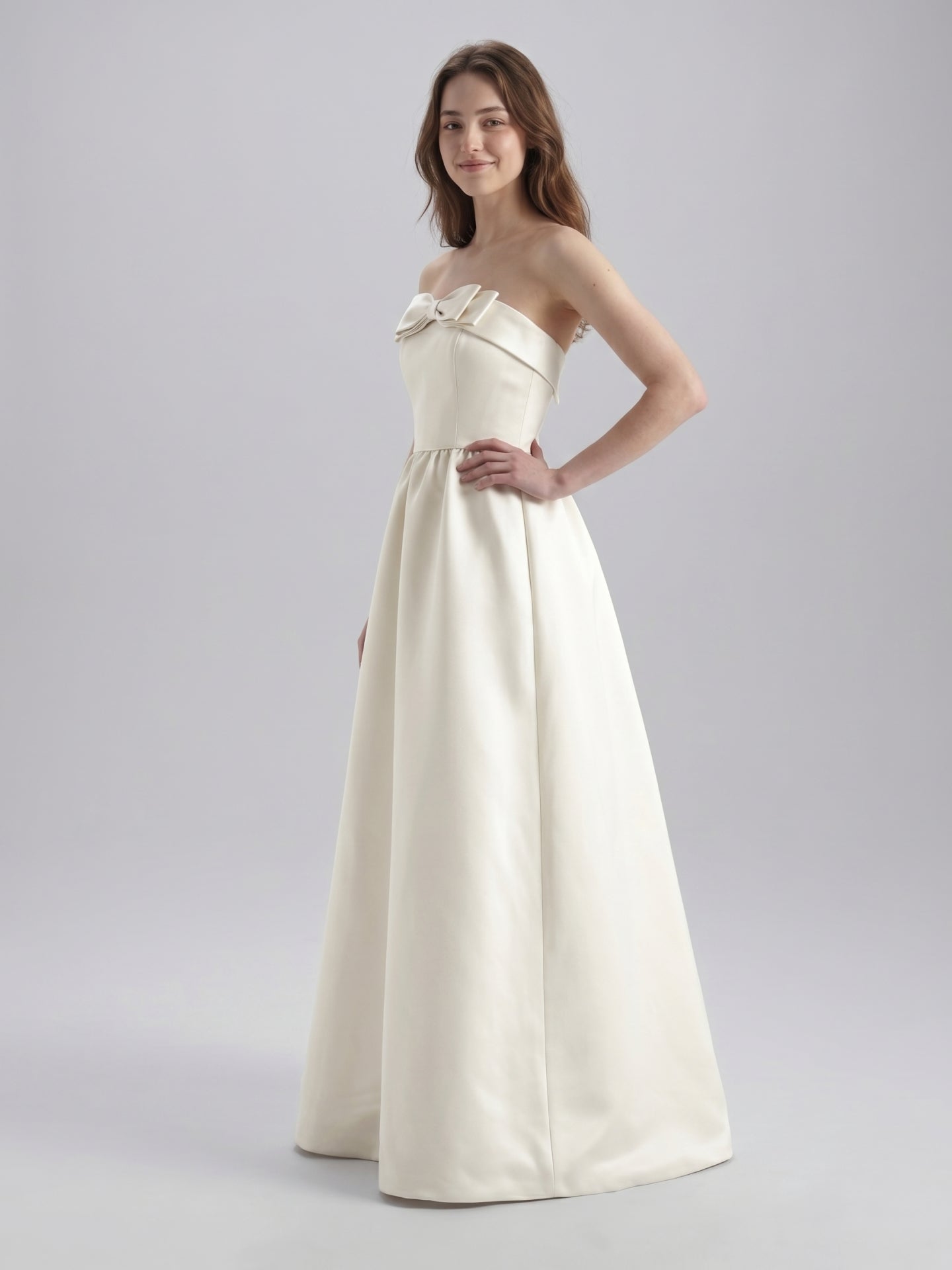Ivory Satin A-Line Straight Neck Floor-Length Bridesmaid Dress with Bow