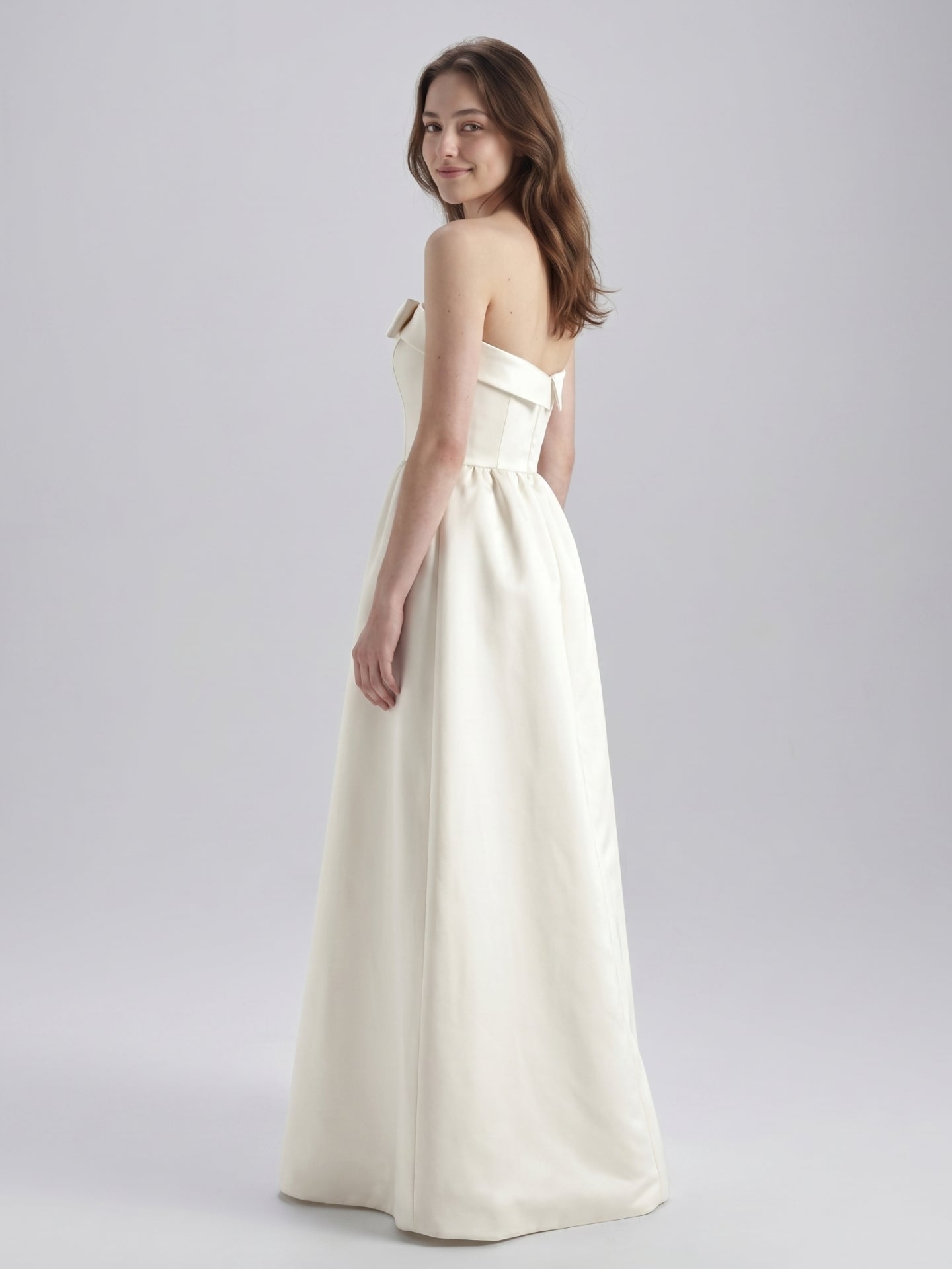 Ivory Satin A-Line Straight Neck Floor-Length Bridesmaid Dress with Bow
