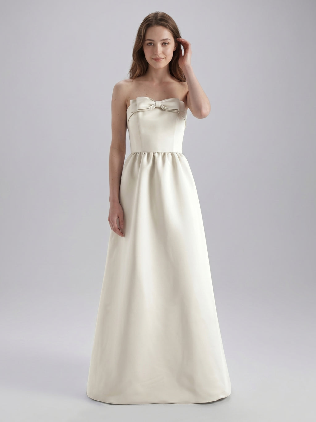 Ivory Satin A-Line Straight Neck Floor-Length Bridesmaid Dress with Bow