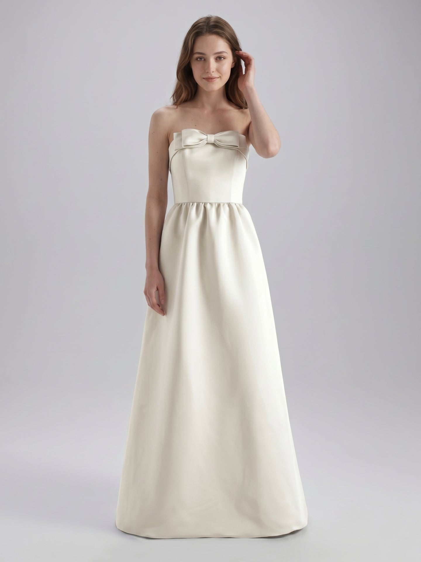 Ivory Satin A-Line Straight Neck Floor-Length Bridesmaid Dress with Bow