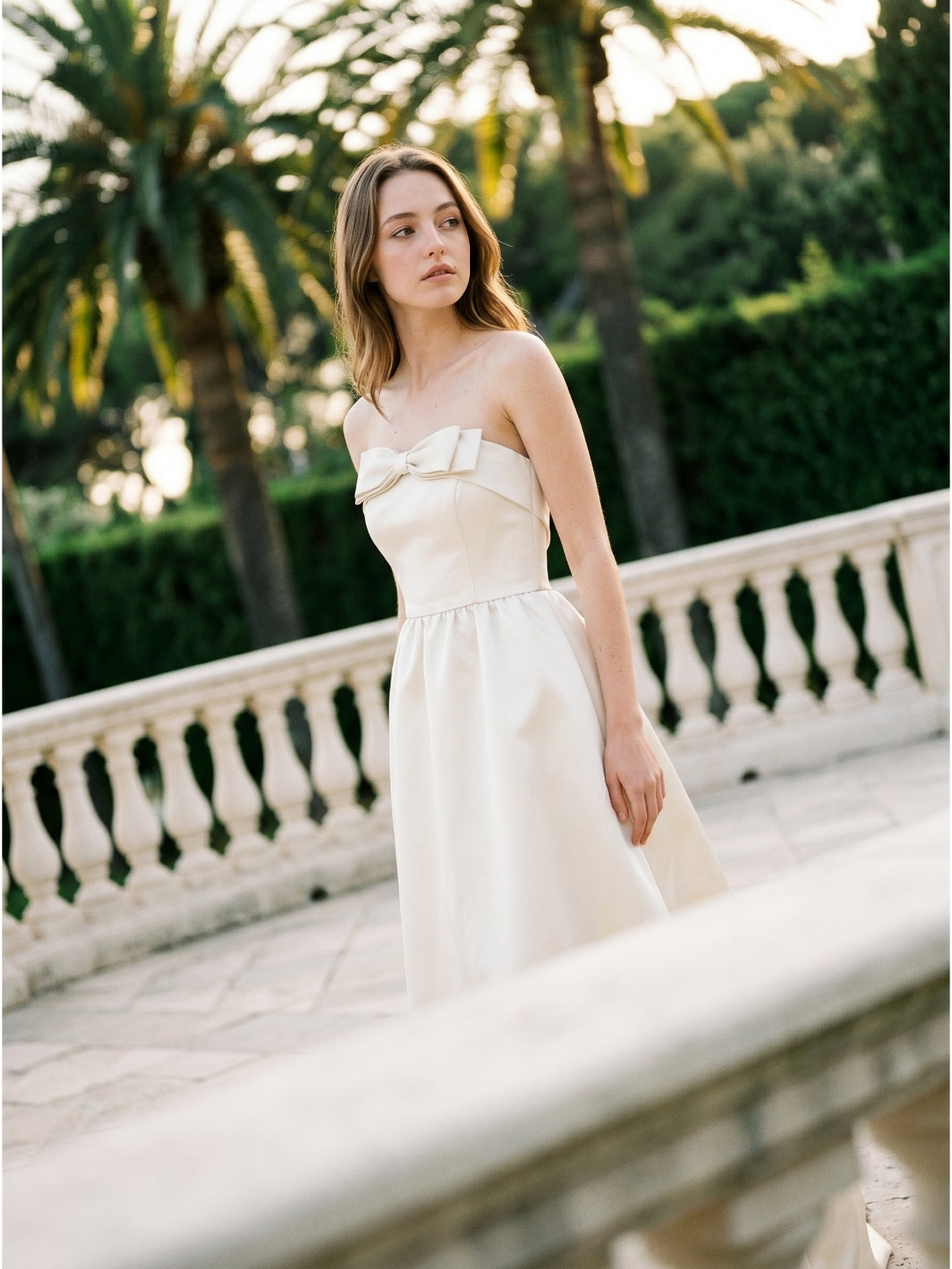 Ivory Satin A-Line Straight Neck Floor-Length Bridesmaid Dress with Bow